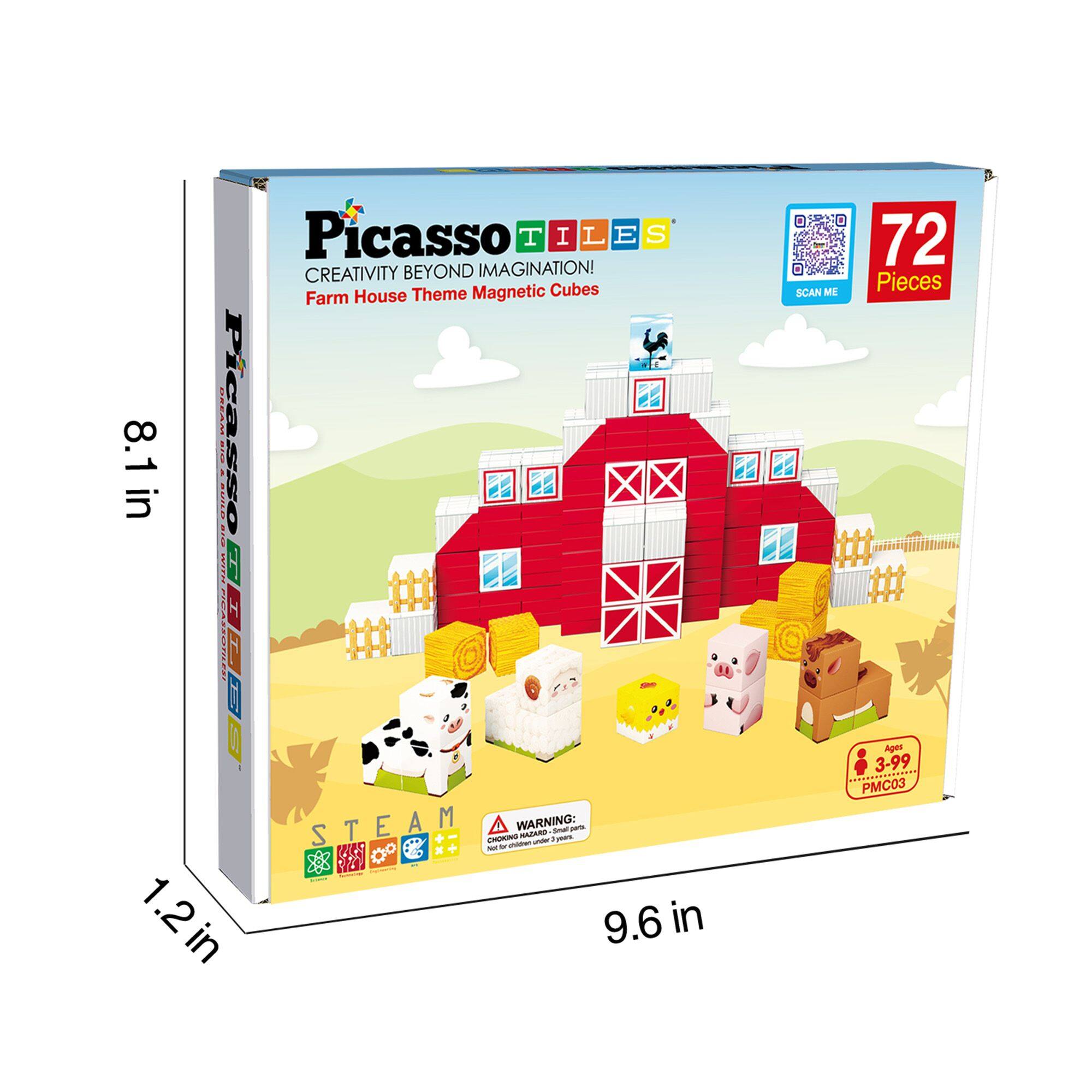 Picasso Tiles  
Creativity Beyond Imagination!  
Farm House Theme Magnetic Cubes  

72 Pieces  

8.1 in | 1.2 in | 9.6 in  

Ages 3-99  
PMC03  

STEAM  

Warning: Choking Hazard - Small parts. Not for children under 3 years.