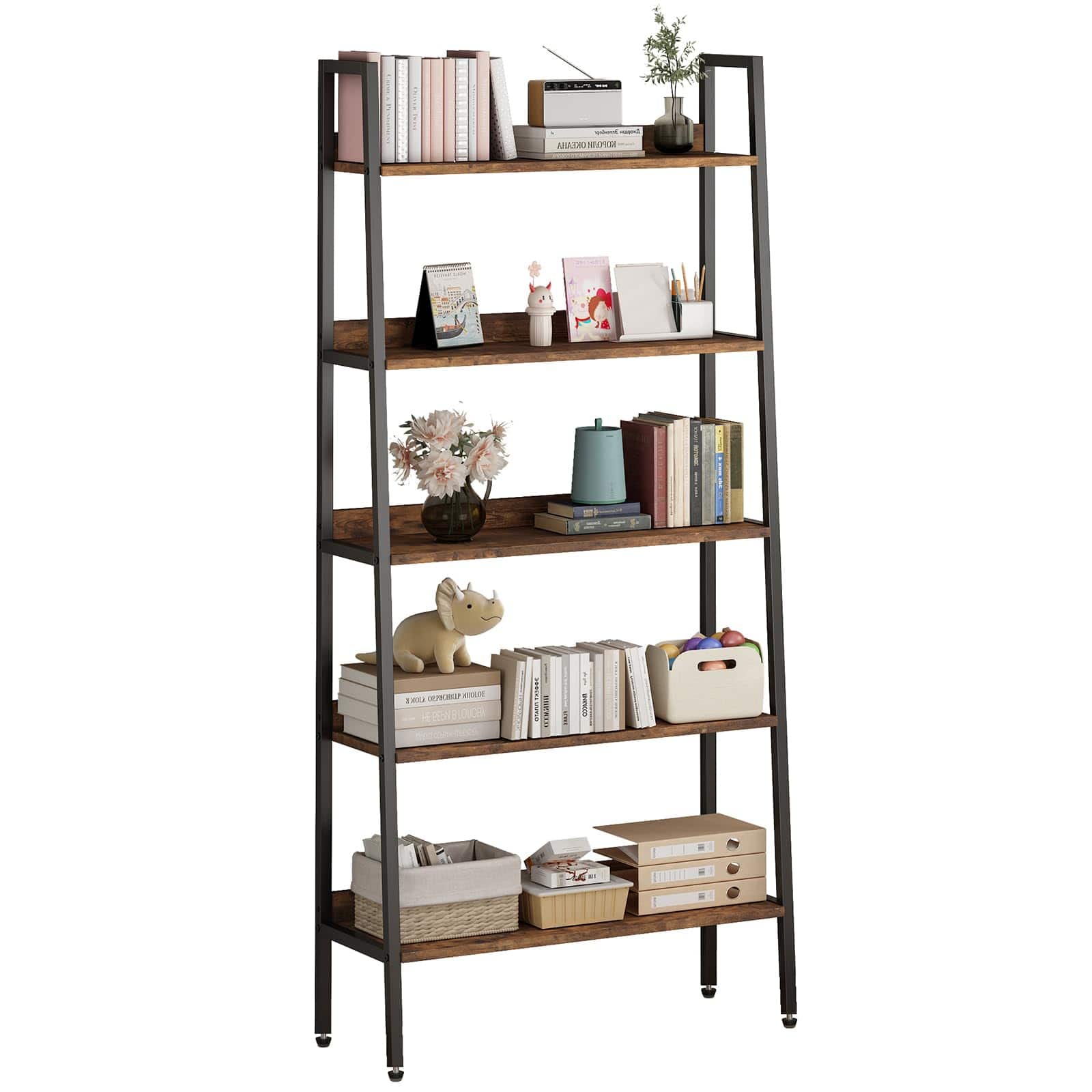 Acekool - 5-Tier Bookshelf, 67'' Industrial Metal Frame Storage Rack with Adjustable Feet, Farmhouse Bookcase with Open Shelves - Brown
