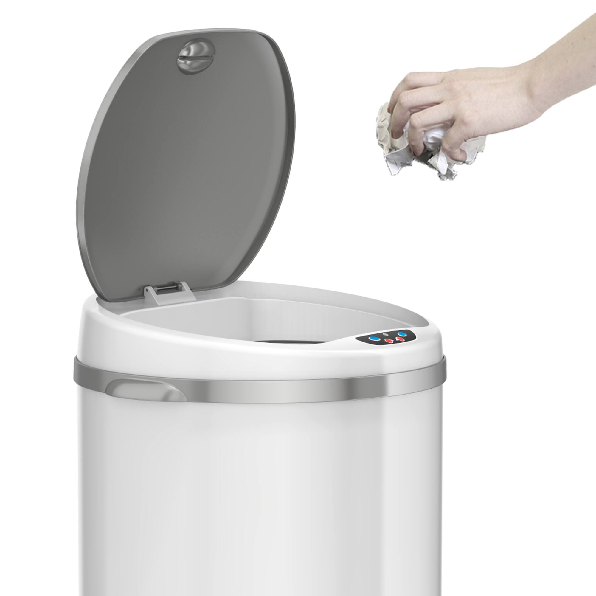 Left. iTouchless - 8 Gallon Touchless Sensor Trash Can with AbsorbX Odor Control System, White Stainless Steel Round Shape Kitchen Bin - Pearl White.