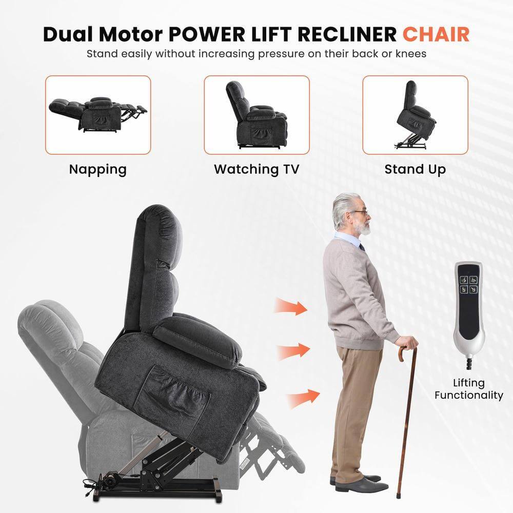 Dual Motor POWER LIFT RECLINER CHAIR  
Stand easily without increasing pressure on their back or knees  

Napping  
Watching TV  
Stand Up  

Lifting Functionality