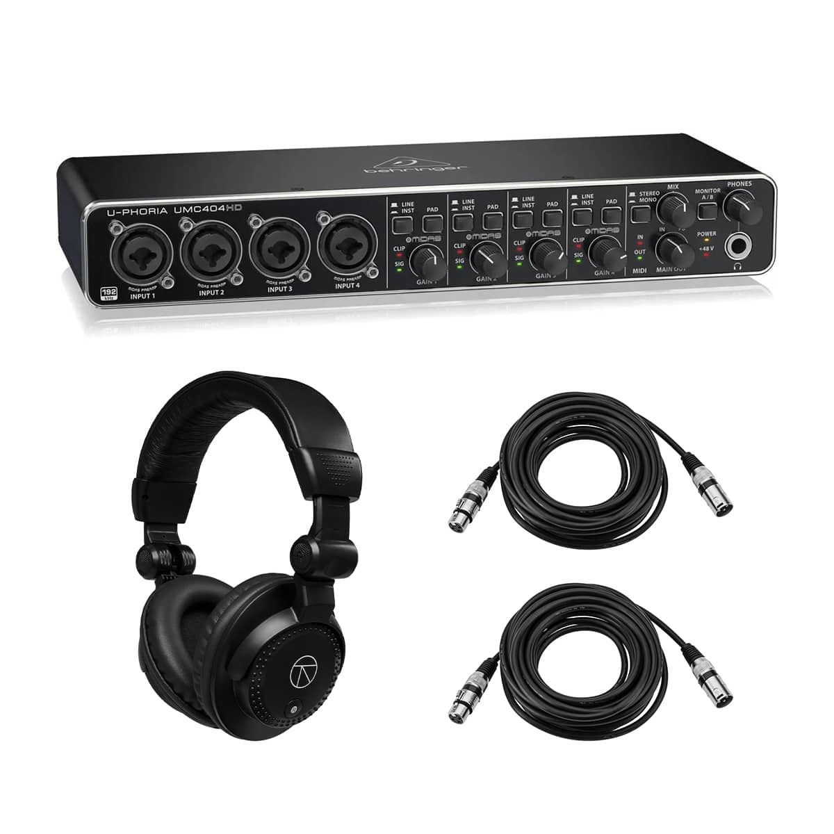 Behringer - U-PHORIA UMC404HD 4x4 USB 2.0 Audio/MIDI Interface, Bundle with TAPH100 Headphones and 2x XLR Cable