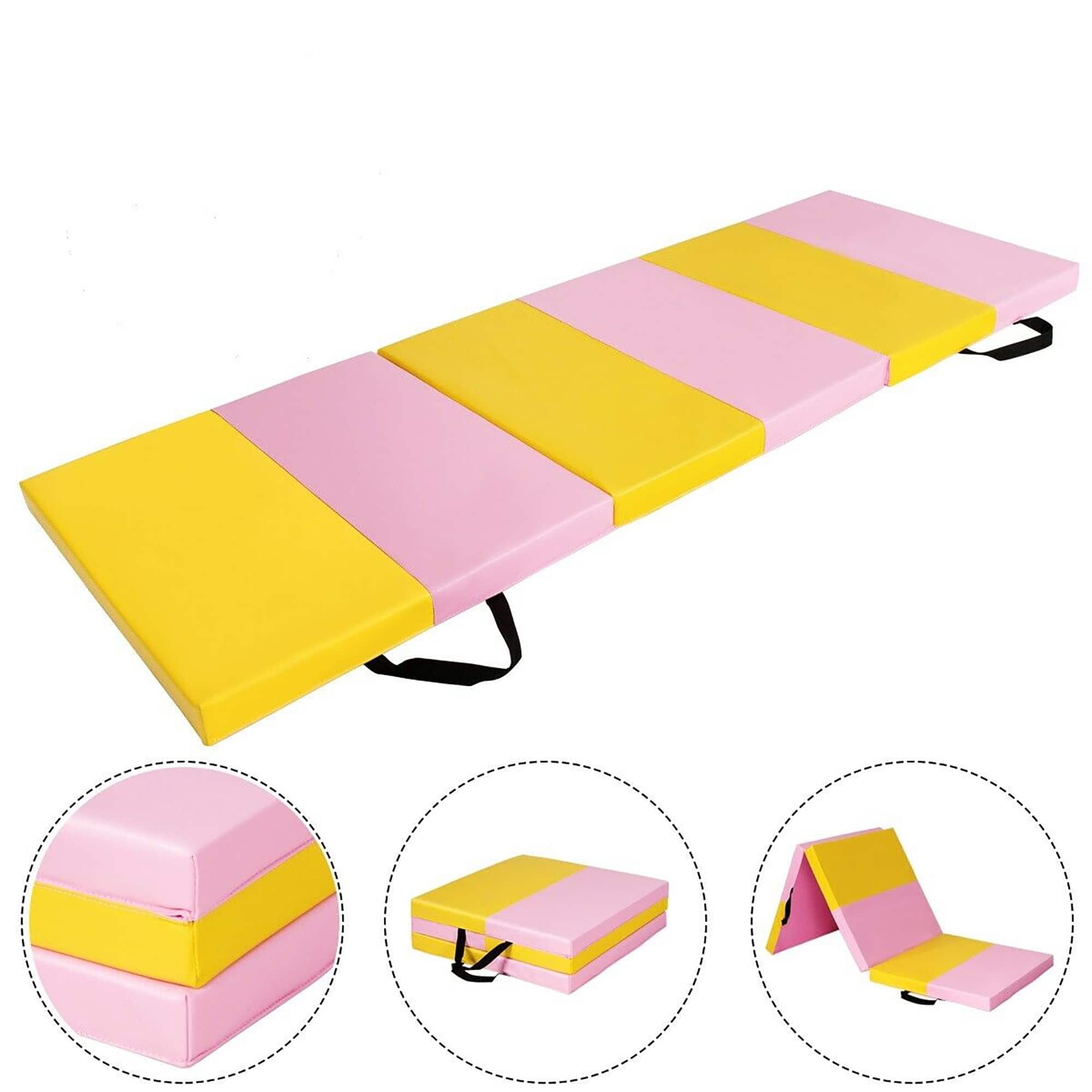 Costway - 6'x2'x2.5" 3-Fold Gymnastics Tumbling Mat Yoga Aerobics Gym Exercise Fitness Mat - Pink + Yellow