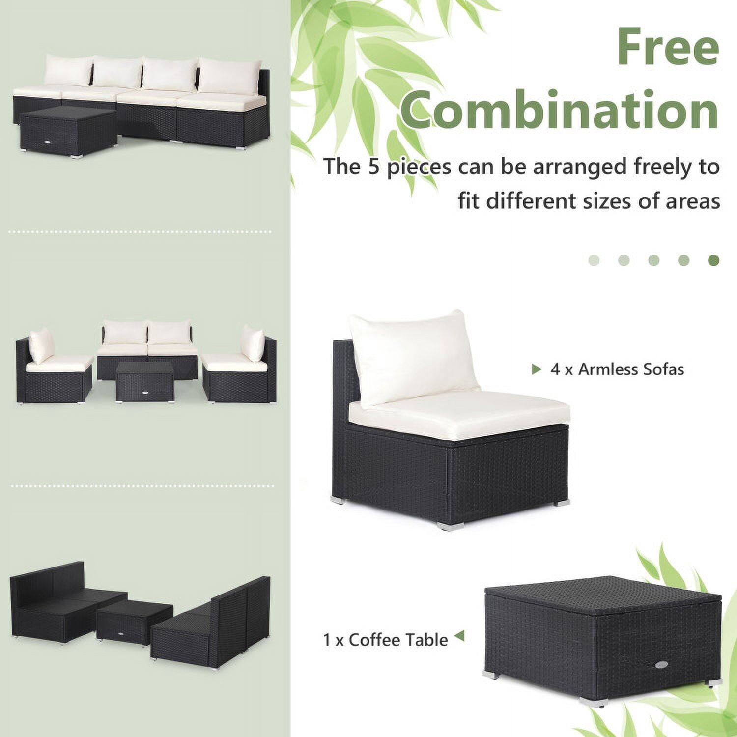 Free Combination  
The 5 pieces can be arranged freely to fit different sizes of areas  
4 x Armless Sofas  
1 x Coffee Table