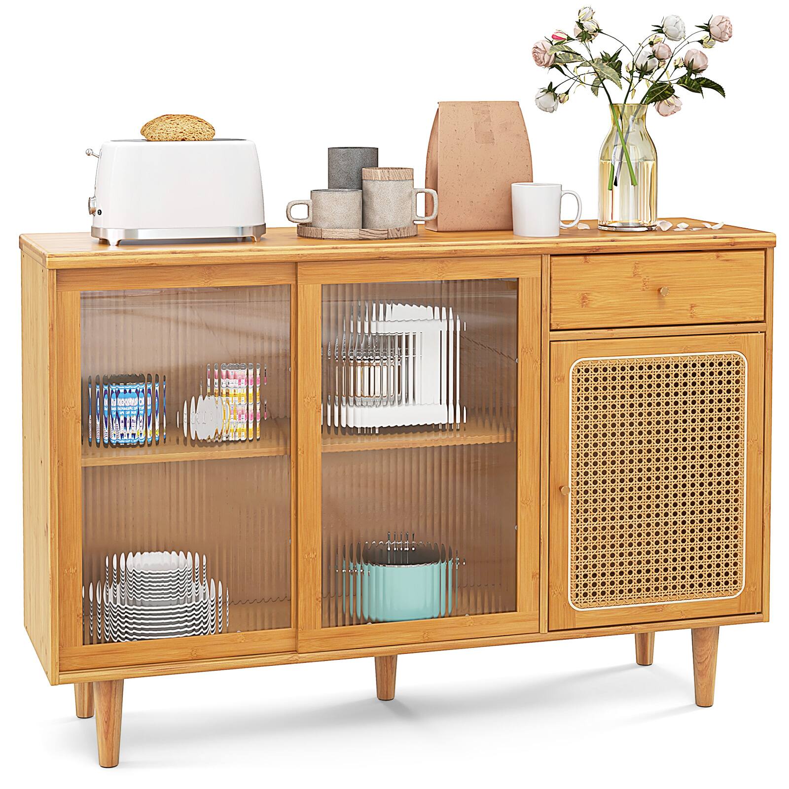 Front. Ecooso - Modern Bamboo Buffet Sideboard Cabinet Organizer with Tempered Glass Sliding Doors for Kitchen Dining Room - Natural.