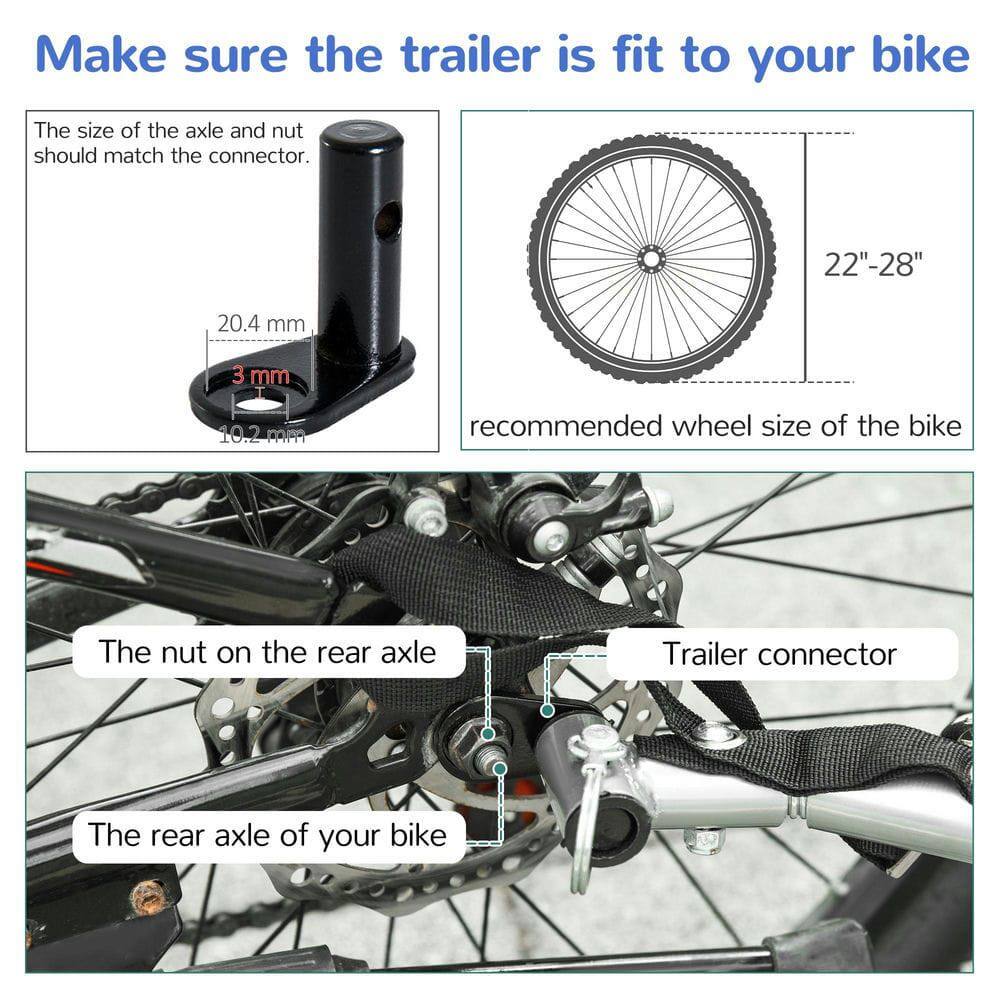 Make sure the trailer is fit to your bike

The size of the axle and nut should match the connector.

- 20.4 mm
- 3 mm
- 10.2 mm

recommended wheel size of the bike

22"-28"

The nut on the rear axle

The rear axle of your bike

Trailer connector