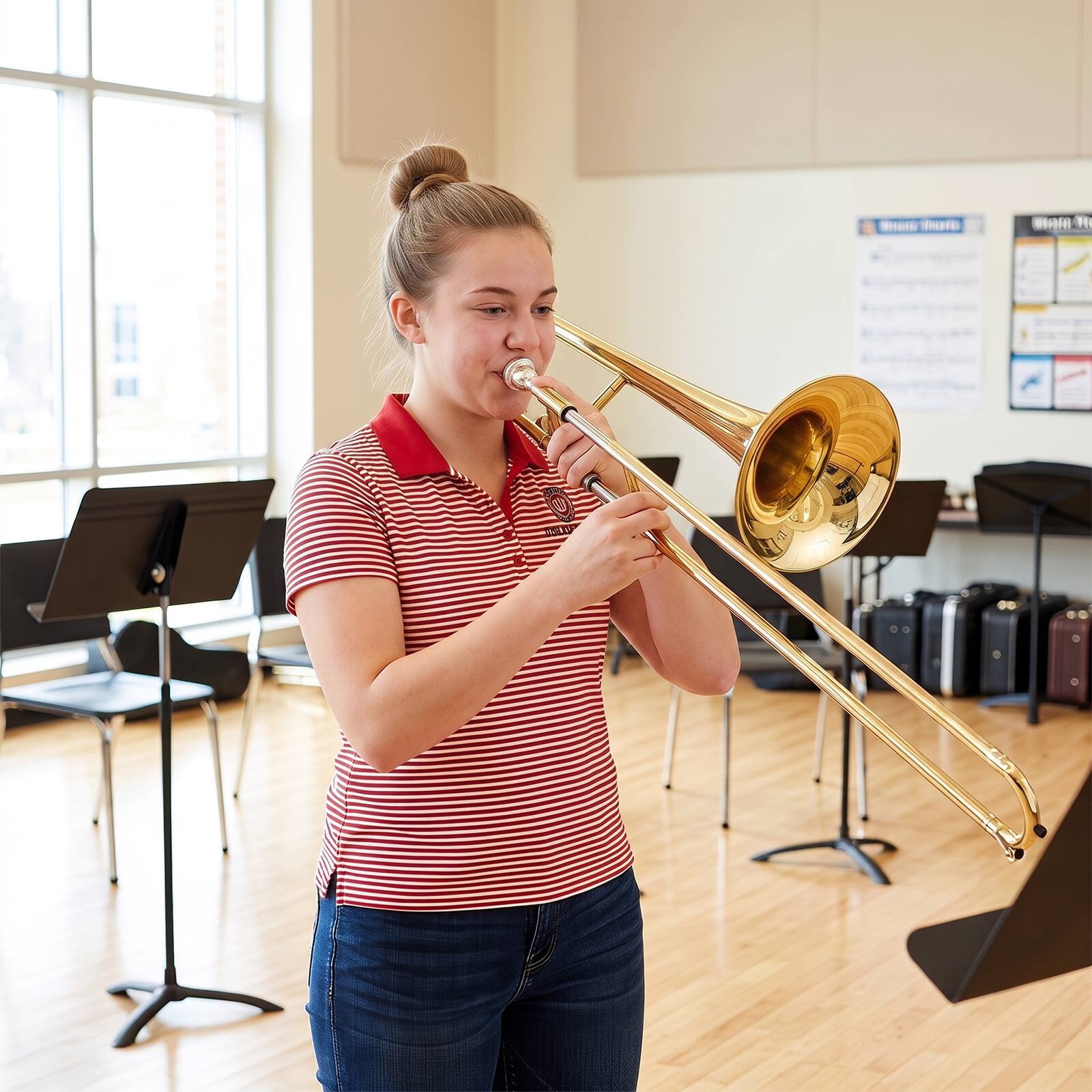 Alt View 3. Costway - Costway B Flat Trombone Gold Brass with Mouthpiece Case Gloves for Beginners Students - Gold.
