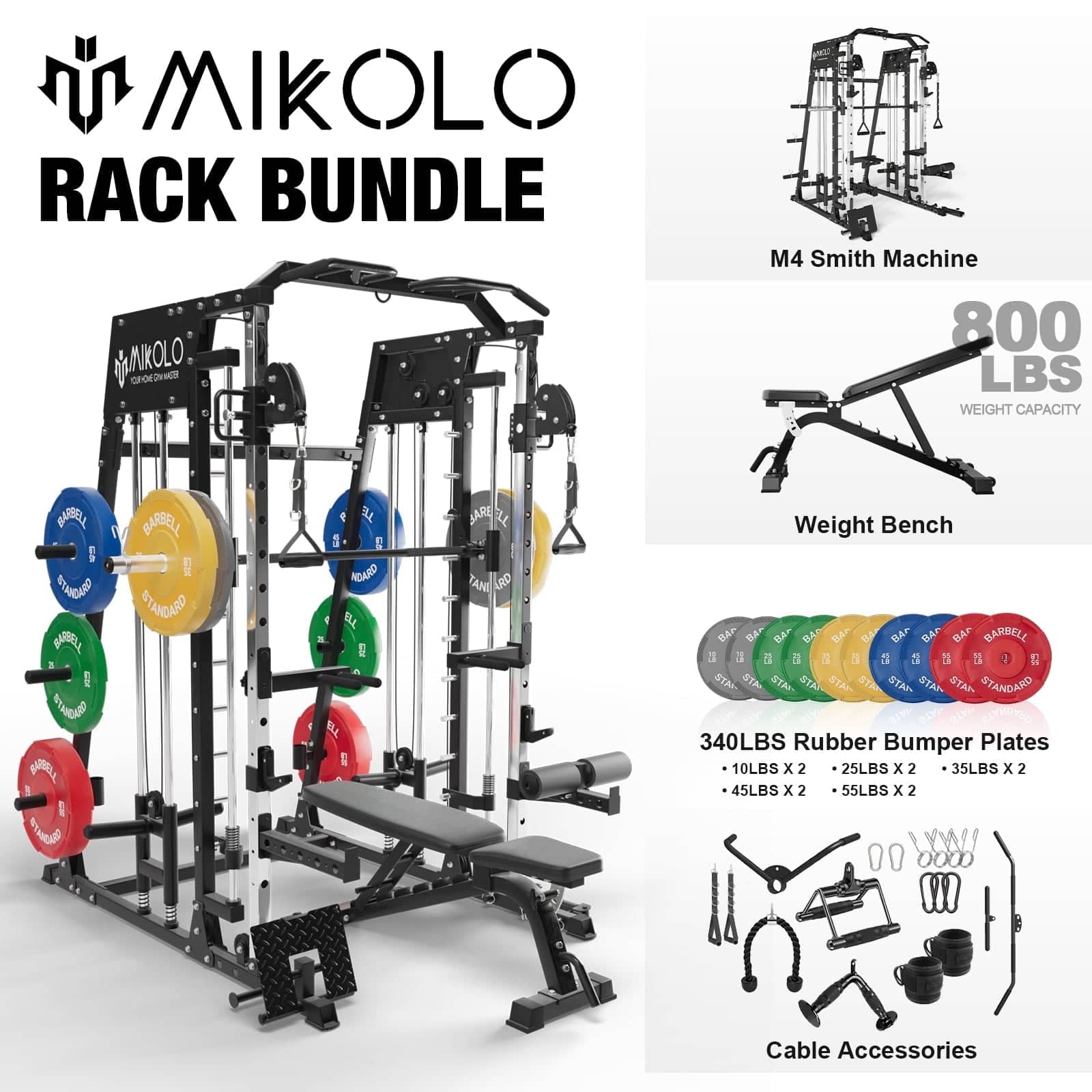 Mikolo - Smith Machine, 2200 lbs Power Rack Cage, Power Rack with 800LB Capacity Weight Bench and 340 lbs Weight Plate - Black