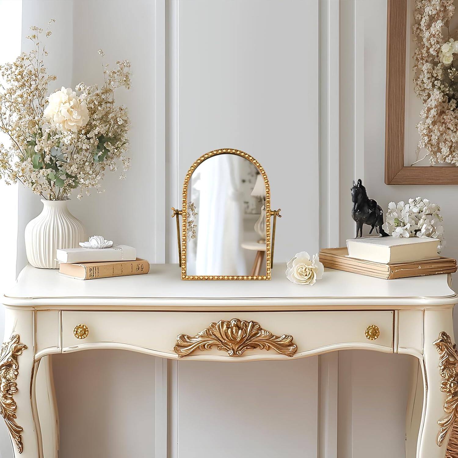 Alt View 3. Stamp n Camp - Vintage Desk Makeup Mirror, 11.8" L x 7.9" W Antique Gold Vanity Table Metal Framed Arched Small Standing Mirror with - Antique Gold-rectangular.