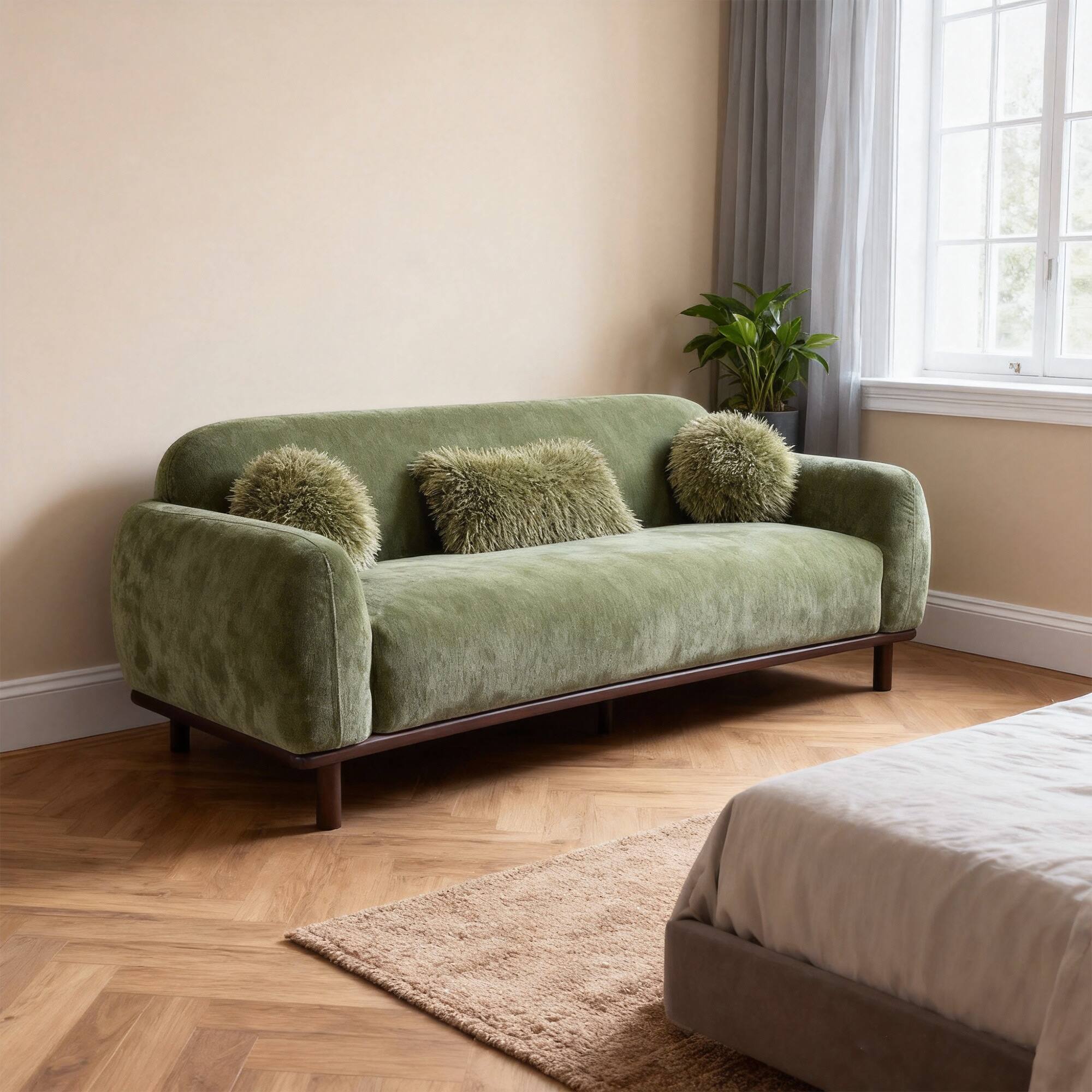 Back. Vaczon - 3-Seater Chenille Sofa Plush Bench Seating with Pocket Coil Support, Faux Fur Accent Cushions, Cozy Living Room Couch - Olive Green.