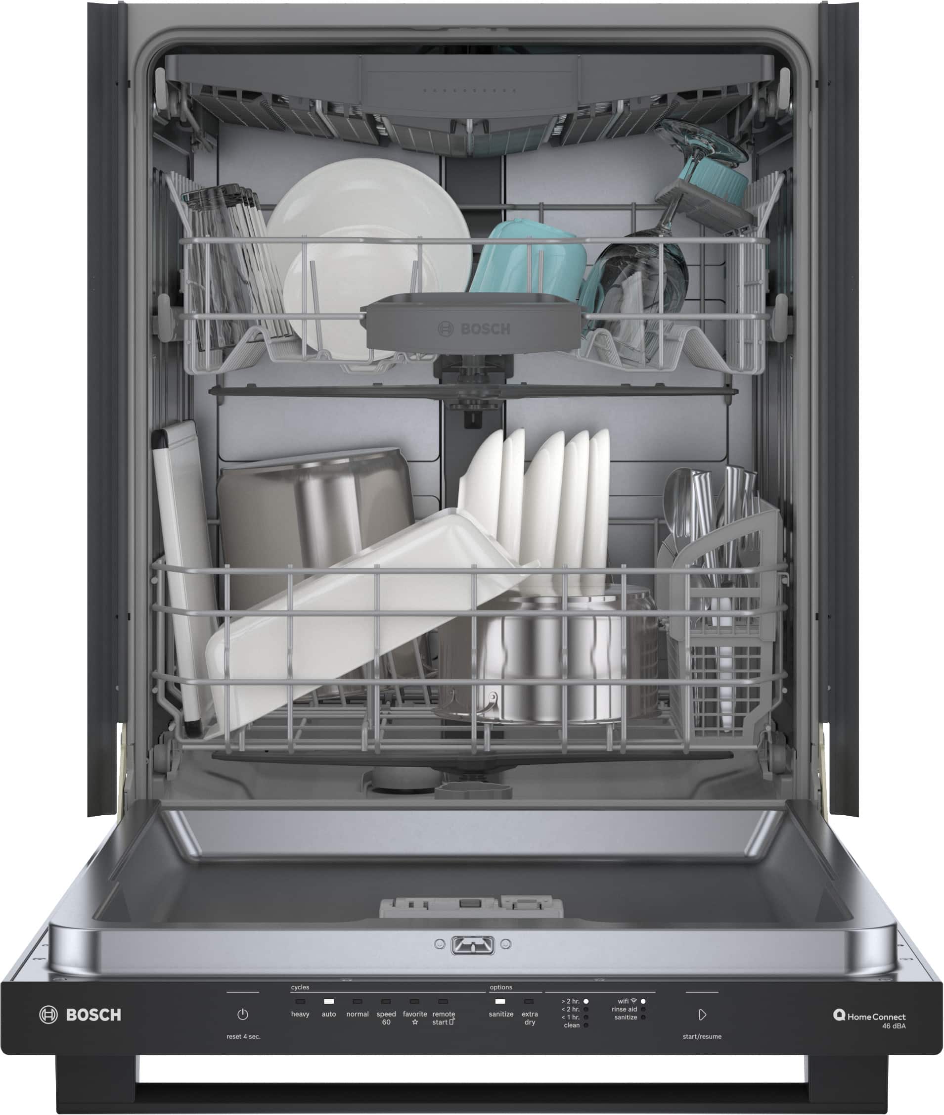 The image features a dishwasher with a silver interior and a rack filled with various dishes, including plates, cups, and utensils. The dishwasher is manufactured by Bosch, and it is designed to meet the norma speed standard for energy efficiency. The dishwasher is also equipped with a Home Connect feature, which allows for remote control and monitoring of the appliance.