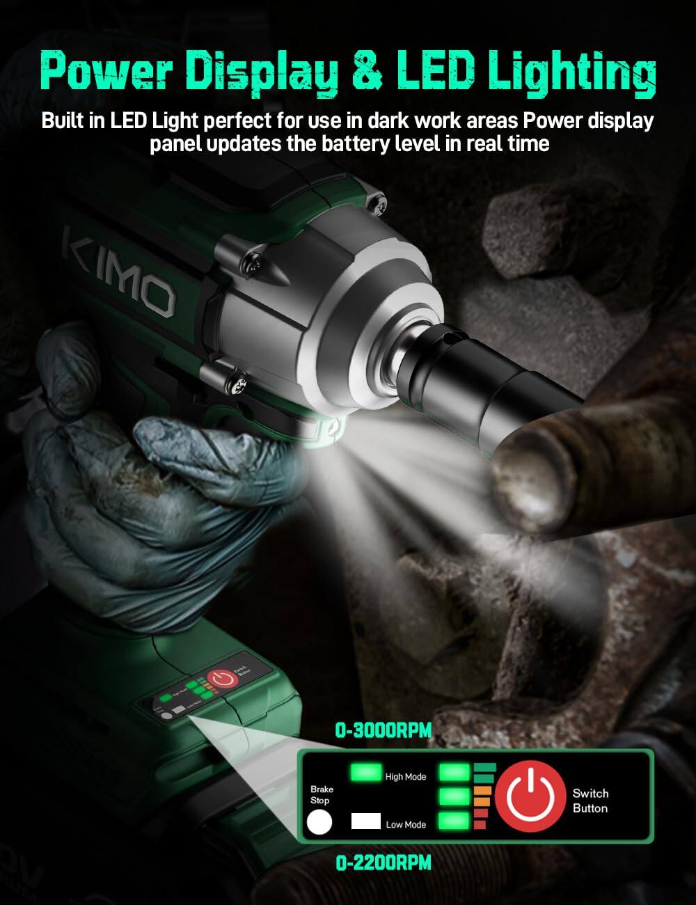 Power Display & LED Lighting

Built in LED Light perfect for use in dark work areas. Power display panel updates the battery level in real time.

KIMO

0-3000RPM

High Mode

Switch Button

0-2200RPM

Low Mode

Brake Stop