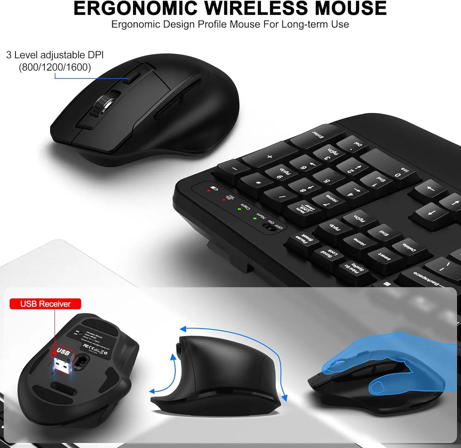 ERGONOMIC WIRELESS MOUSE  
Ergonomic Design Profile Mouse For Long-term Use  

3 Level adjustable DPI (800/1200/1600)  

USB Receiver