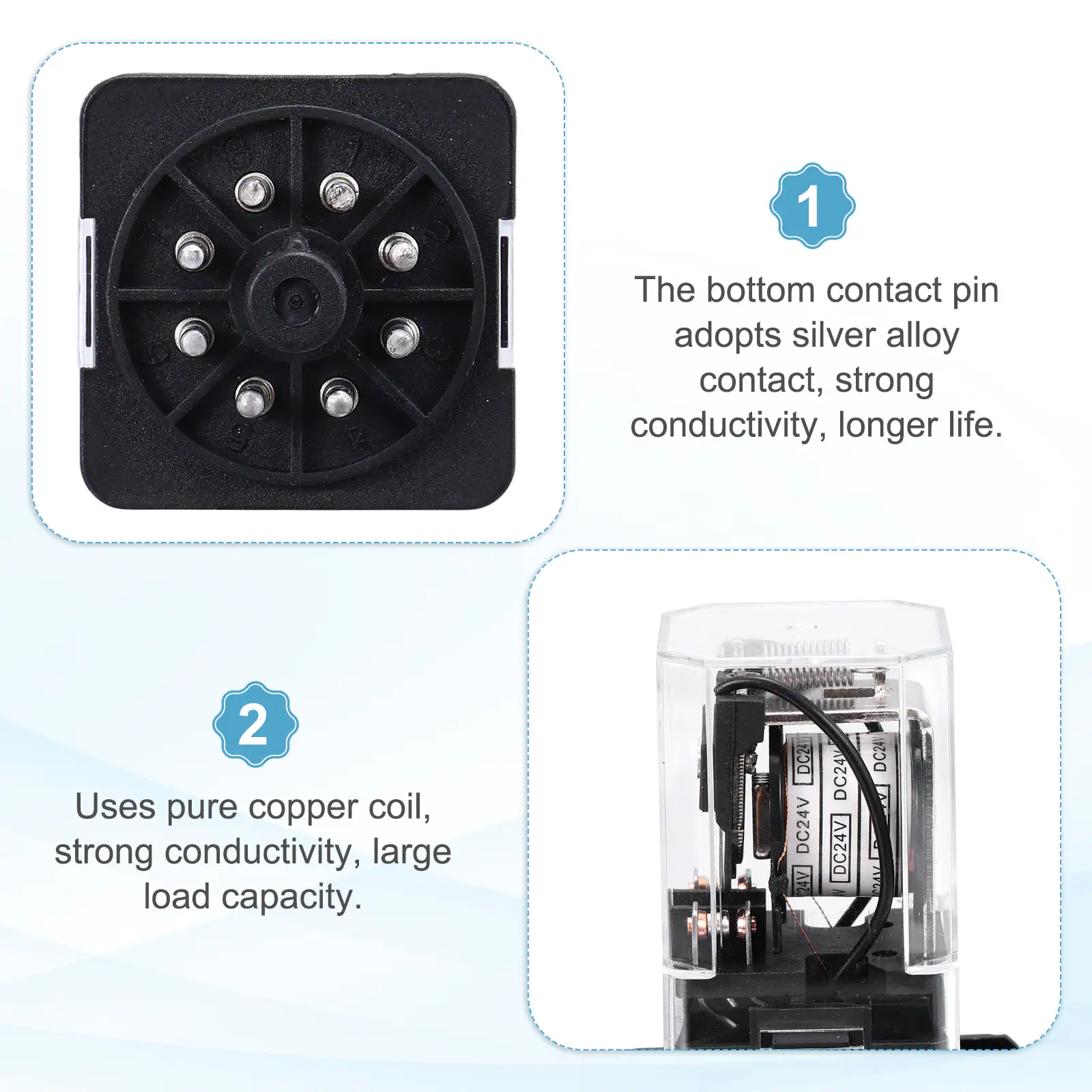 1. The bottom contact pin adopts silver alloy contact, strong conductivity, longer life.
2. Uses pure copper coil, strong conductivity, large load capacity.

DC24V
