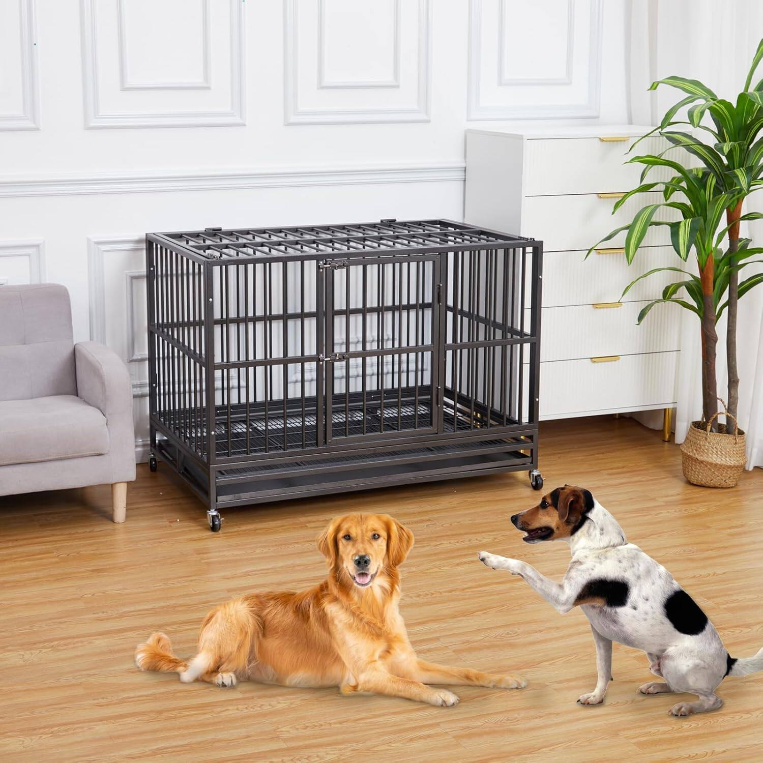 Left. Acekool - Heavy Duty Dog Crate Cage Kennel, Indestructible Steel Escape-Proof, 360° Lockable Wheels, Removable Tray, Black.