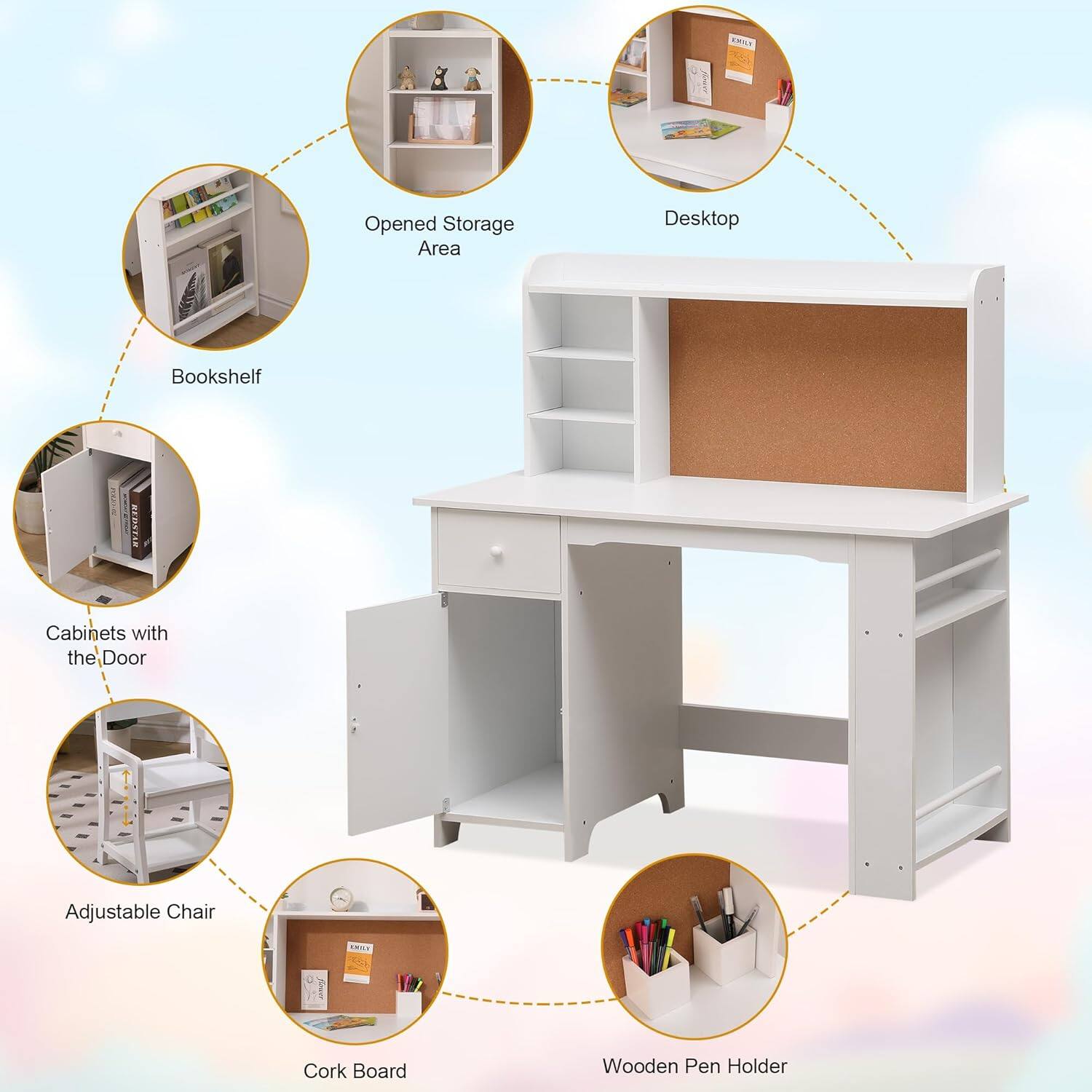 EBNE Opened Storage Area Desktop Bookshelf VI1A Cabinets with the Door Adjustable Chair RIT Cork Board Wooden Pen Holder

- Opened Storage Area
- Desktop
- Bookshelf
- Cabinets with the Door
- Adjustable Chair
- Cork Board
- Wooden Pen Holder