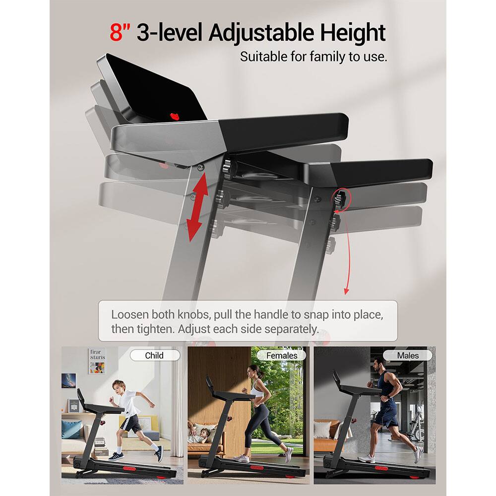 8" 3-level Adjustable Height  
Suitable for family to use.  

Loosen both knobs, pull the handle to snap into place, then tighten. Adjust each side separately.  

Child  
Females  
Males