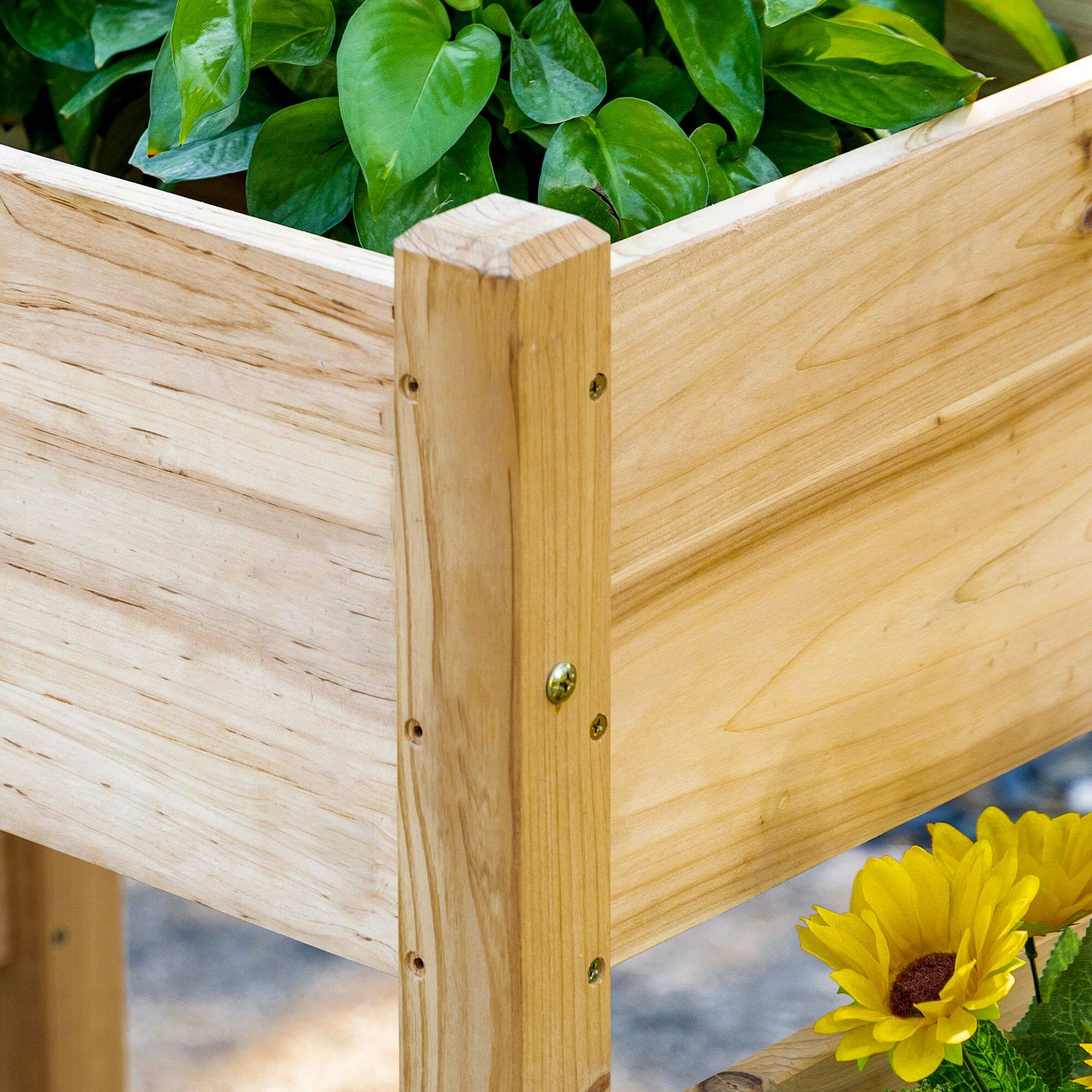 Alt View 8. Outsunny - Raised Garden Bed with 3 Planter Box, Elevated Wooden Plant Stand with Drainage Holes - Natural wood finish.
