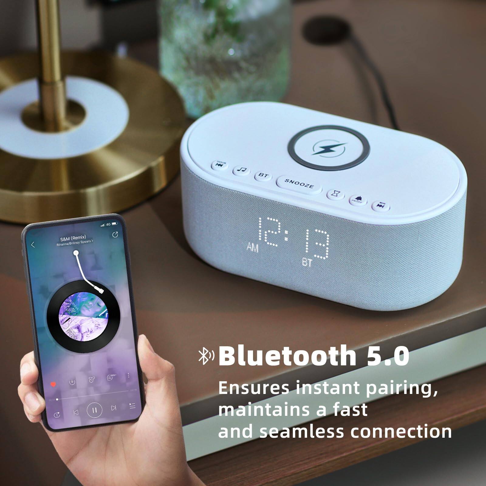Sure, here is the corrected and grouped text:

---

**Bluetooth 5.0**  
Ensures instant pairing, maintains a fast and seamless connection

---

**D - A S&M (Remix)**  
Aoriganoy Soeeys H JJ BT SNOOZE  
AM I2: 13 BT p 1 D : Bluetooth 5.0 Ensures instant pairing, maintains a fast and seamless connection

---

**12:13 AM**  
BT SNOOZE

---

**BT**  
SNOOZE

---

**Bluetooth 5.0**  
Ensures instant pairing, maintains a fast and seamless connection

---