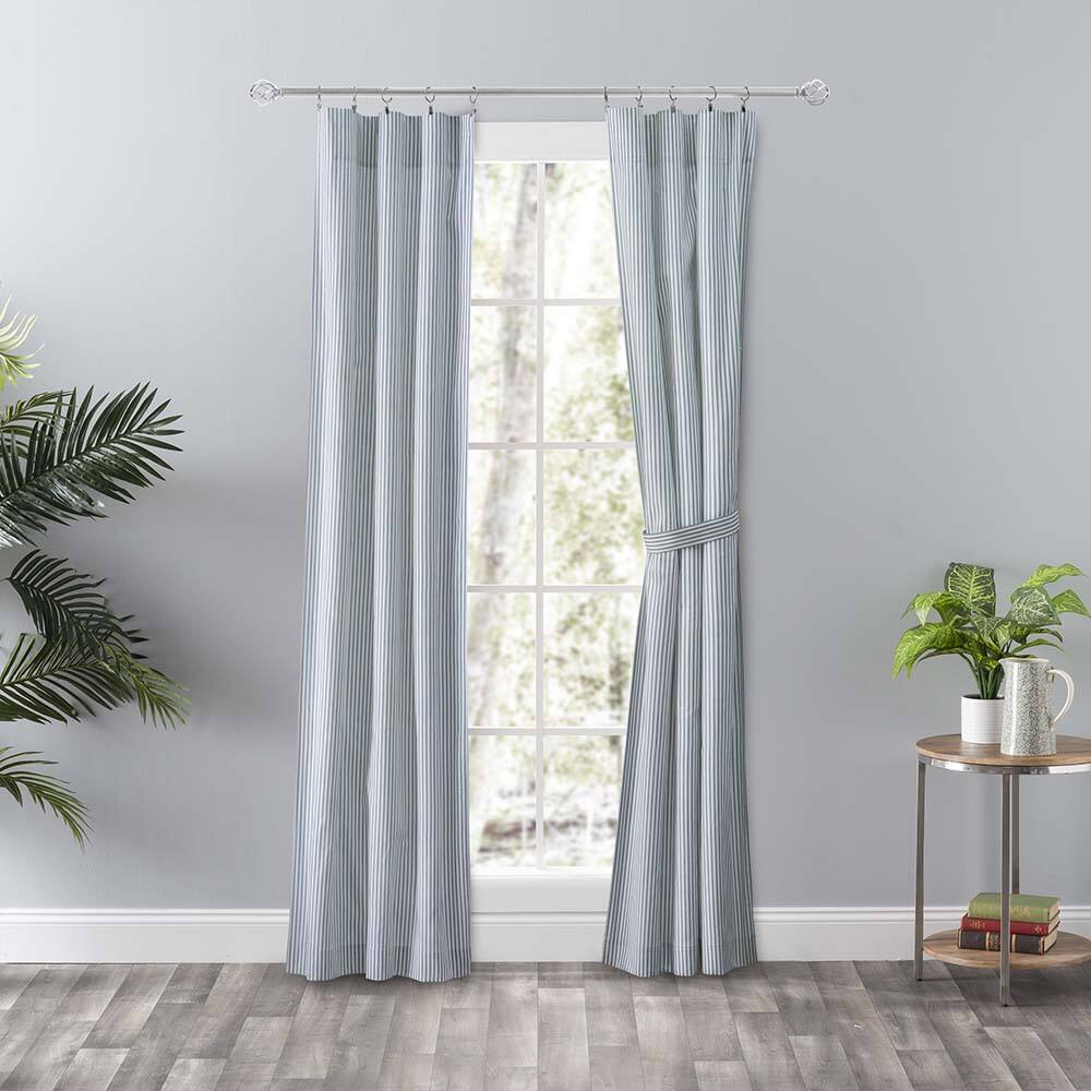 Angle. Ellis Curtain - Ellis Curtain Plaza Classic Ticking Stripe Printed on Natural Ground 3" Rod Pocket Tailored Panel Pair 56" x 84" Blue - Blue.