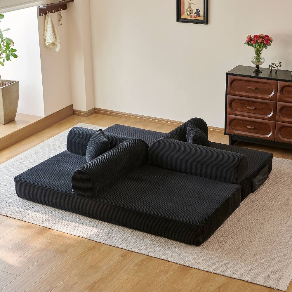 Alt View 1. Loheer - Loheer 78.8" Compression Sofa Convertible Floor Sofa Bed Black Corduroy Futon Couch Sleeper Modular Sectional Sofa - Black.