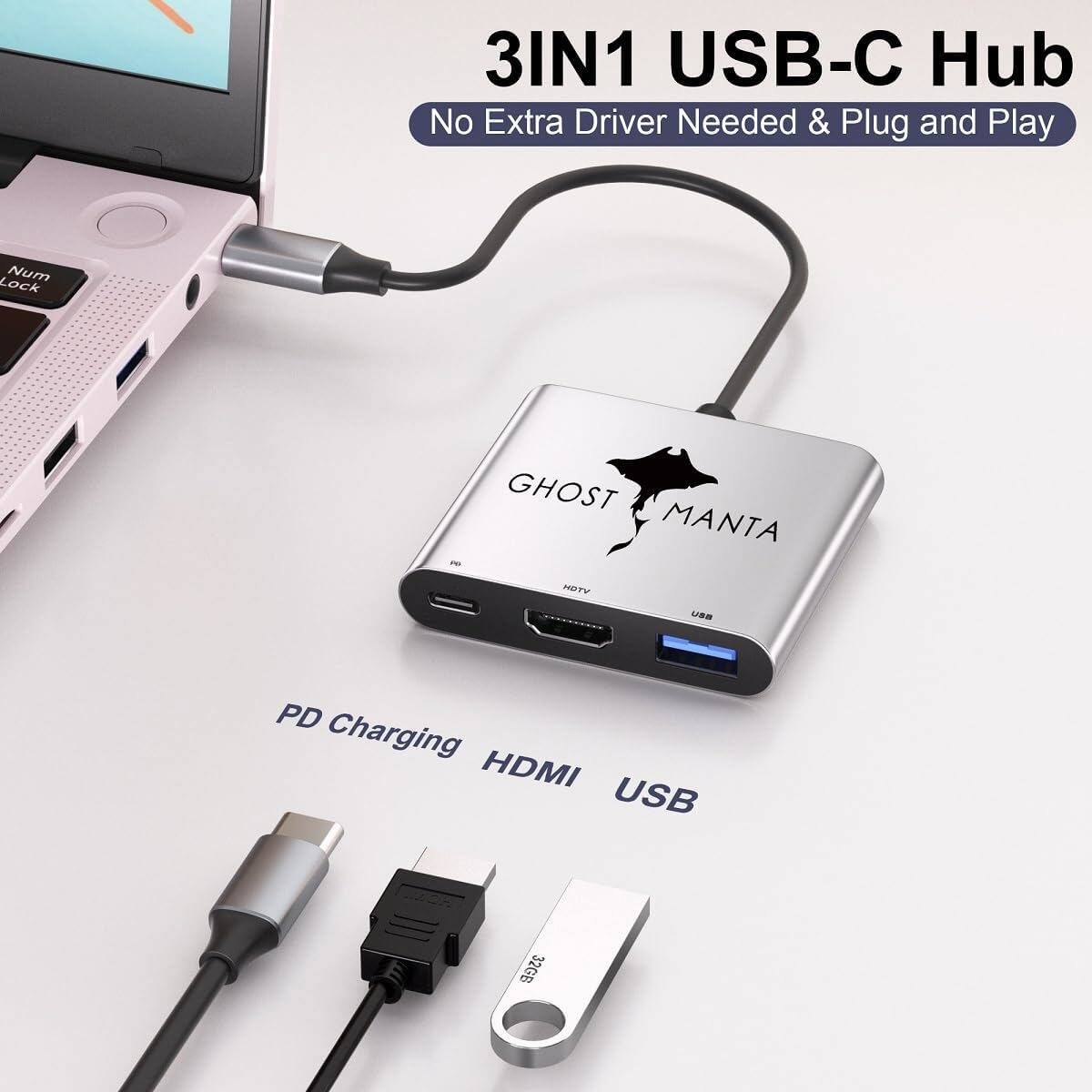 3IN1 USB-C Hub  
No Extra Driver Needed & Plug and Play  

GHOST MANTA  

PD Charging HDMI USB  

Num Lock