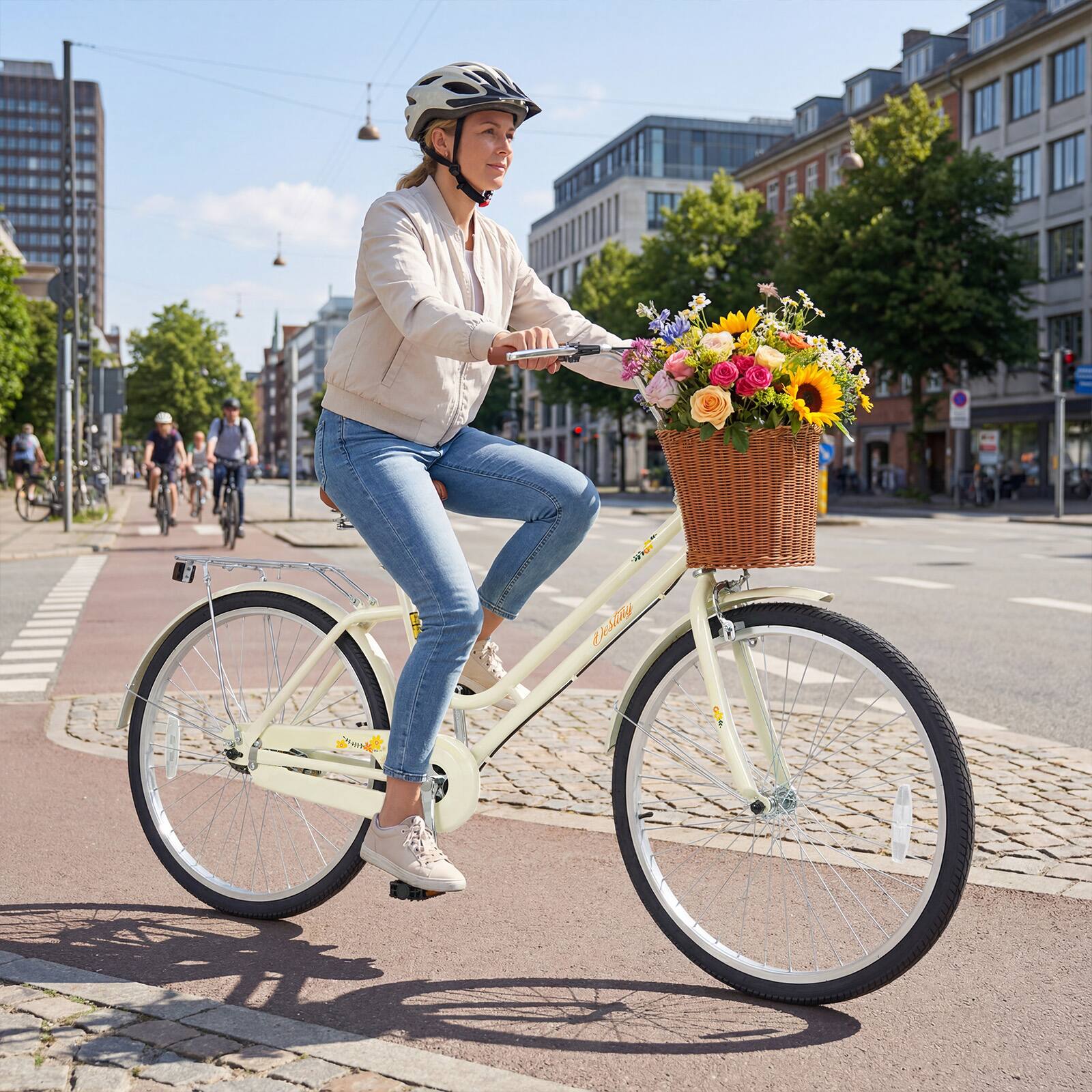 Alt View 3. Gymax - Gymax 26-Inch Beach Cruiser Bike w/Adjustable Seat Woven Basket & Rear Rack Beige - Beige.