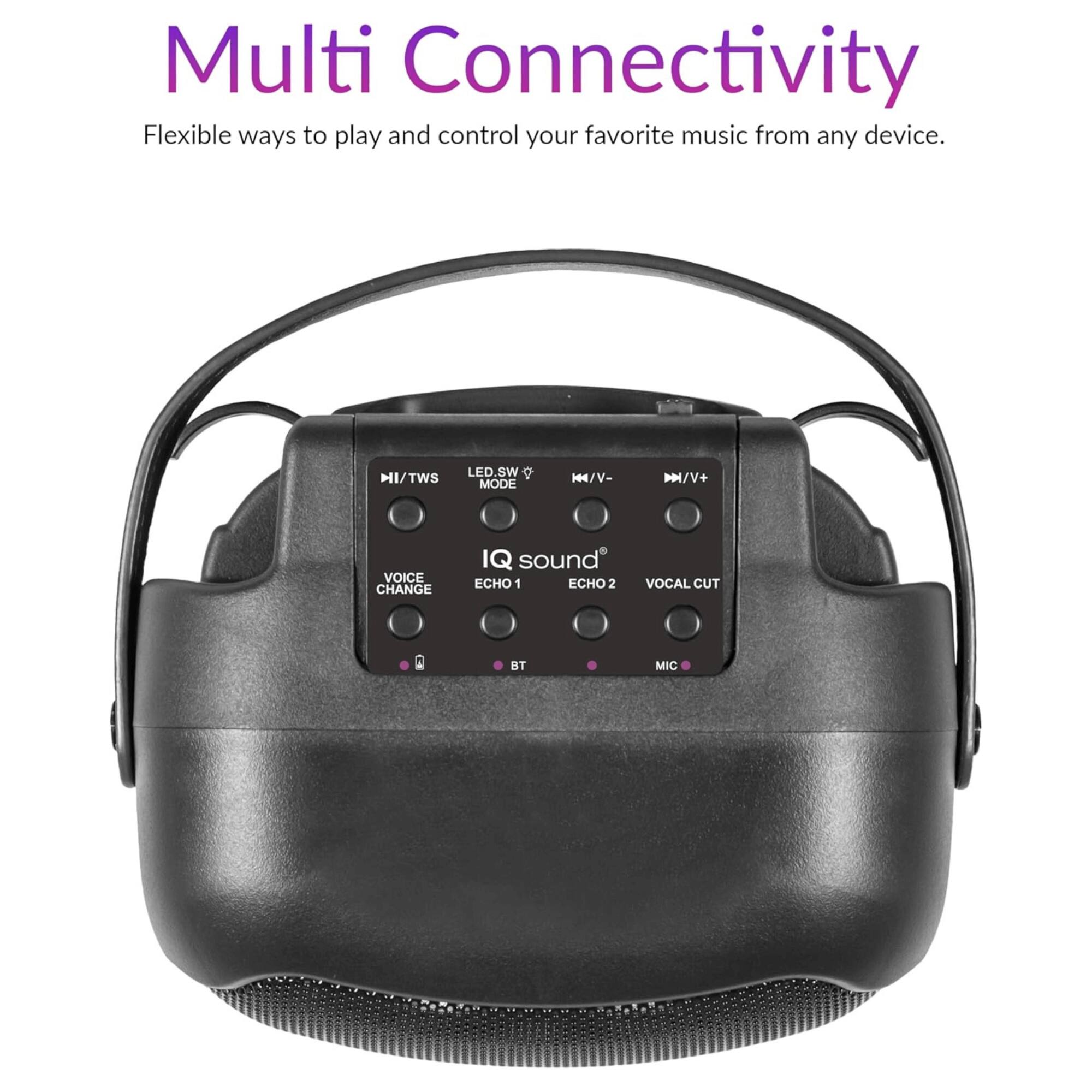 Multi Connectivity  
Flexible ways to play and control your favorite music from any device.

- LED.SW
- TWS MODE
- V-
- V+
- IQ sound
- ECHO 1
- ECHO 2
- VOCAL CUT
- VOICE CHANGE
- BT
- MIC