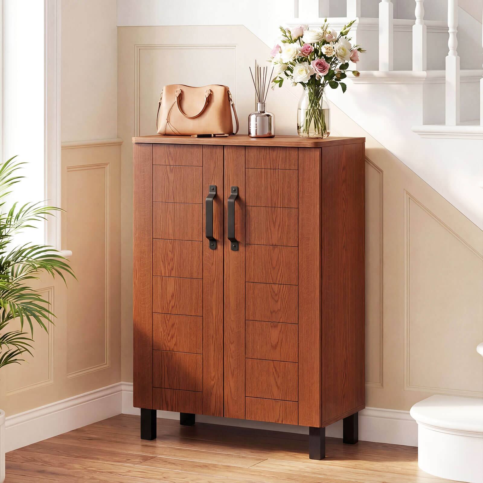Alt View 3. Costway - Costway 5-Tier Shoe Storage Cabinet with 2 Doors, Removable Shelves & Ventilation Hole - Brown.