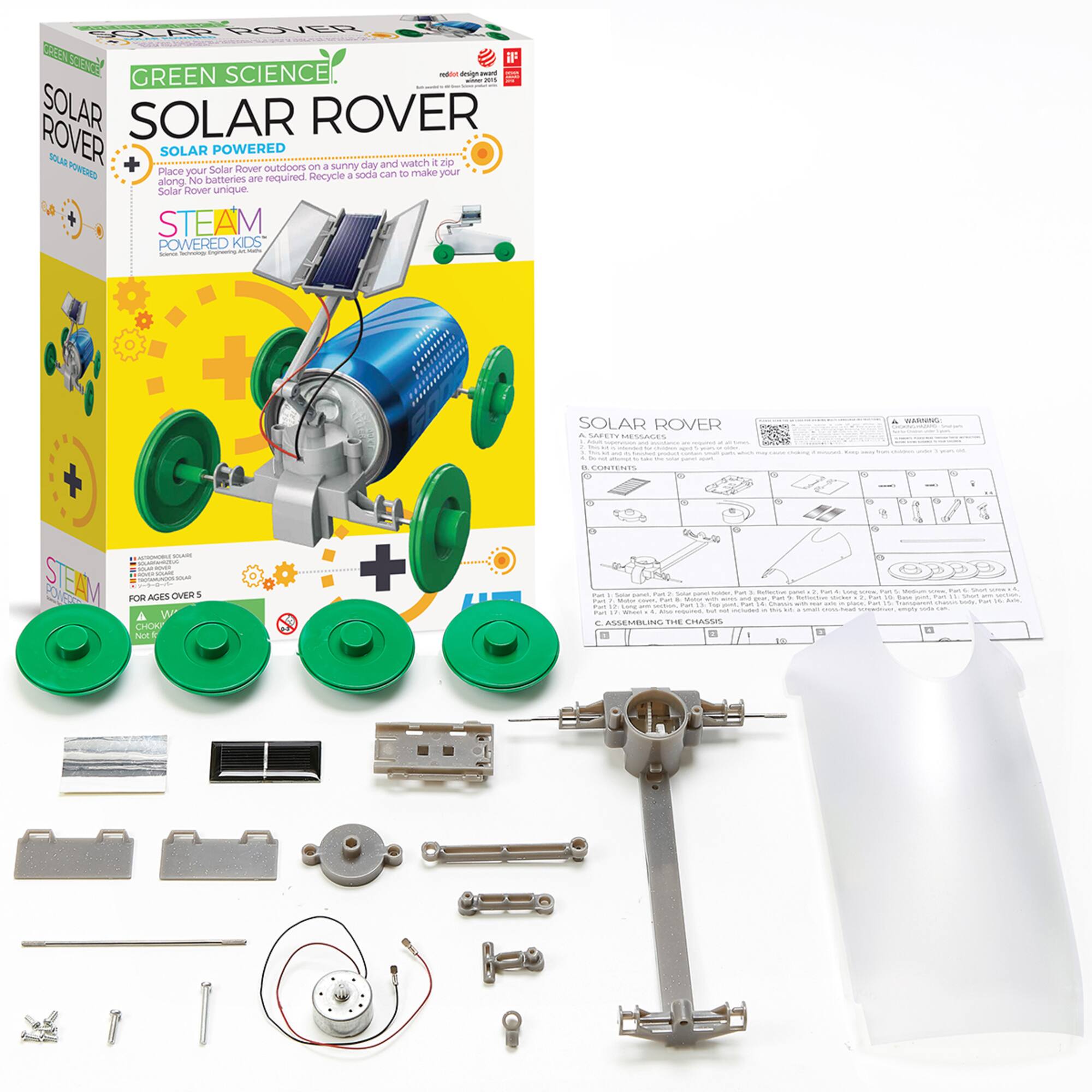GREEN SCIENCE  
SOLAR ROVER  
SOLAR POWERED  
STEAM POWERED KIDS  
FOR AGES OVER 5  

Place your Solar Rover on a sunny day and watch it zip along. No batteries are required. Recycle a soda can to make your Solar Rover unique.  

C ASSEMBLING THE CHASSIS