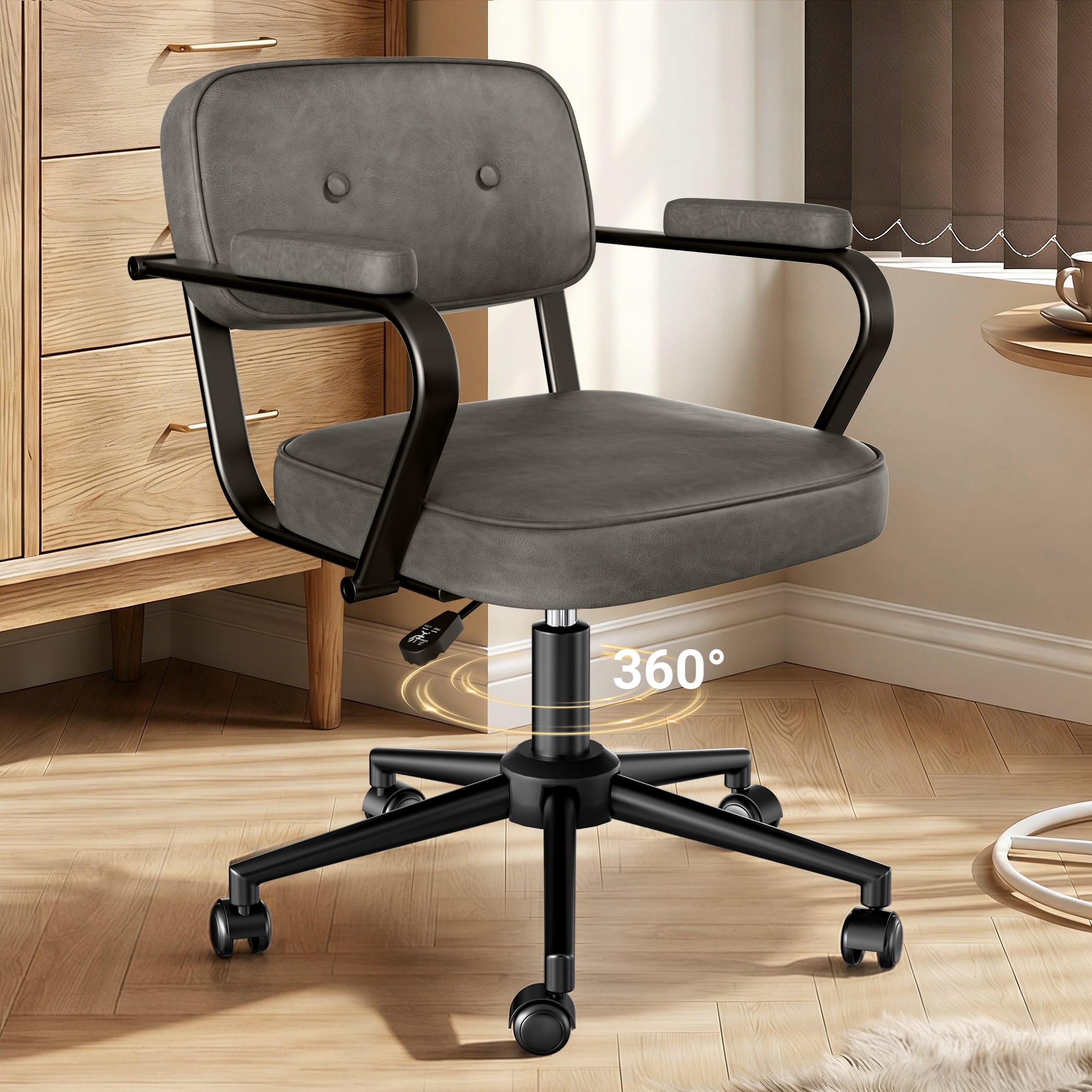 KERDOM - Compact Home Office Chair with Arms, Simple Computer Chair for Short People, PU Leather Cute Small Desk Chair for Study - Gray