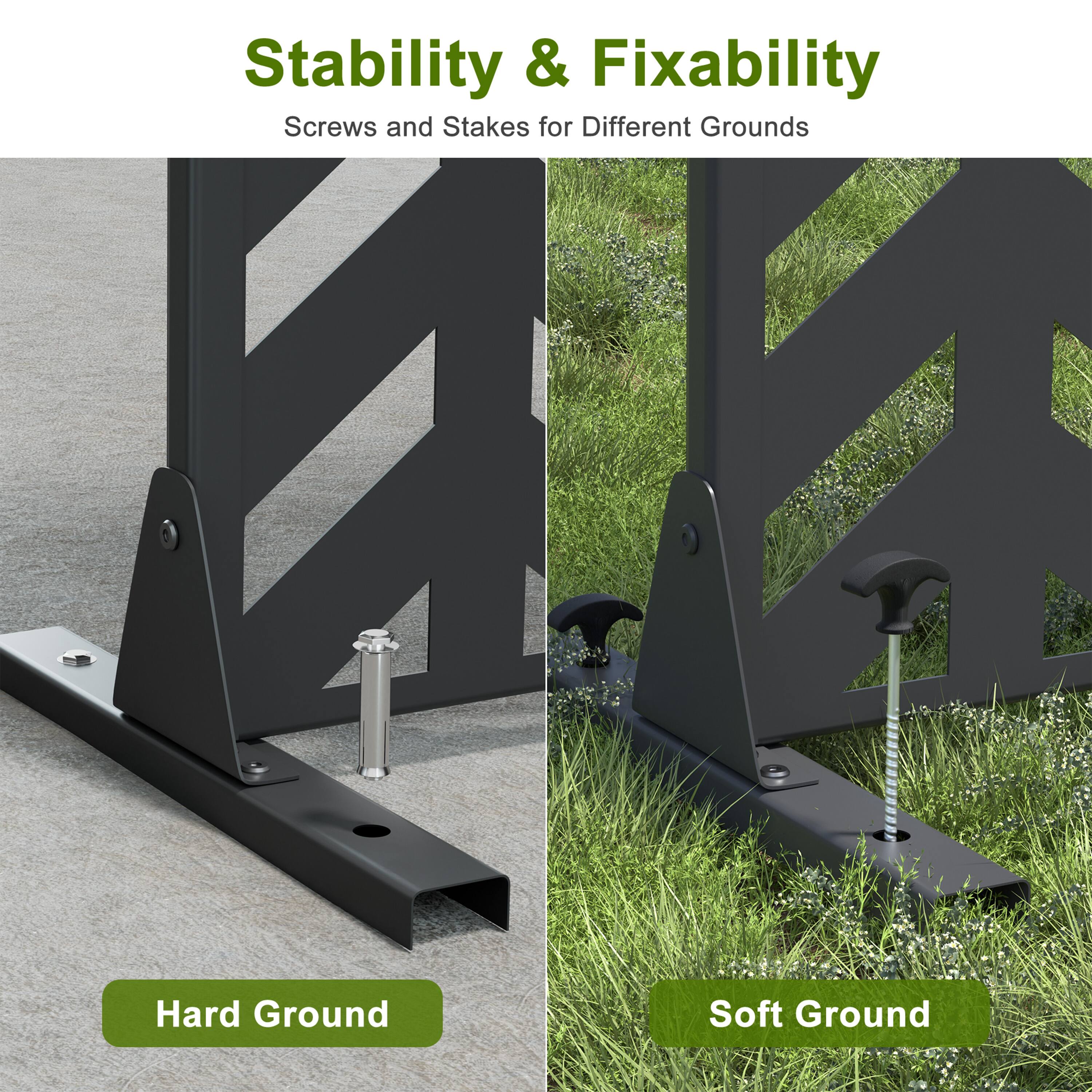 Stability & Fixability  
Screws and Stakes for Different Grounds  

Hard Ground  
Soft Ground
