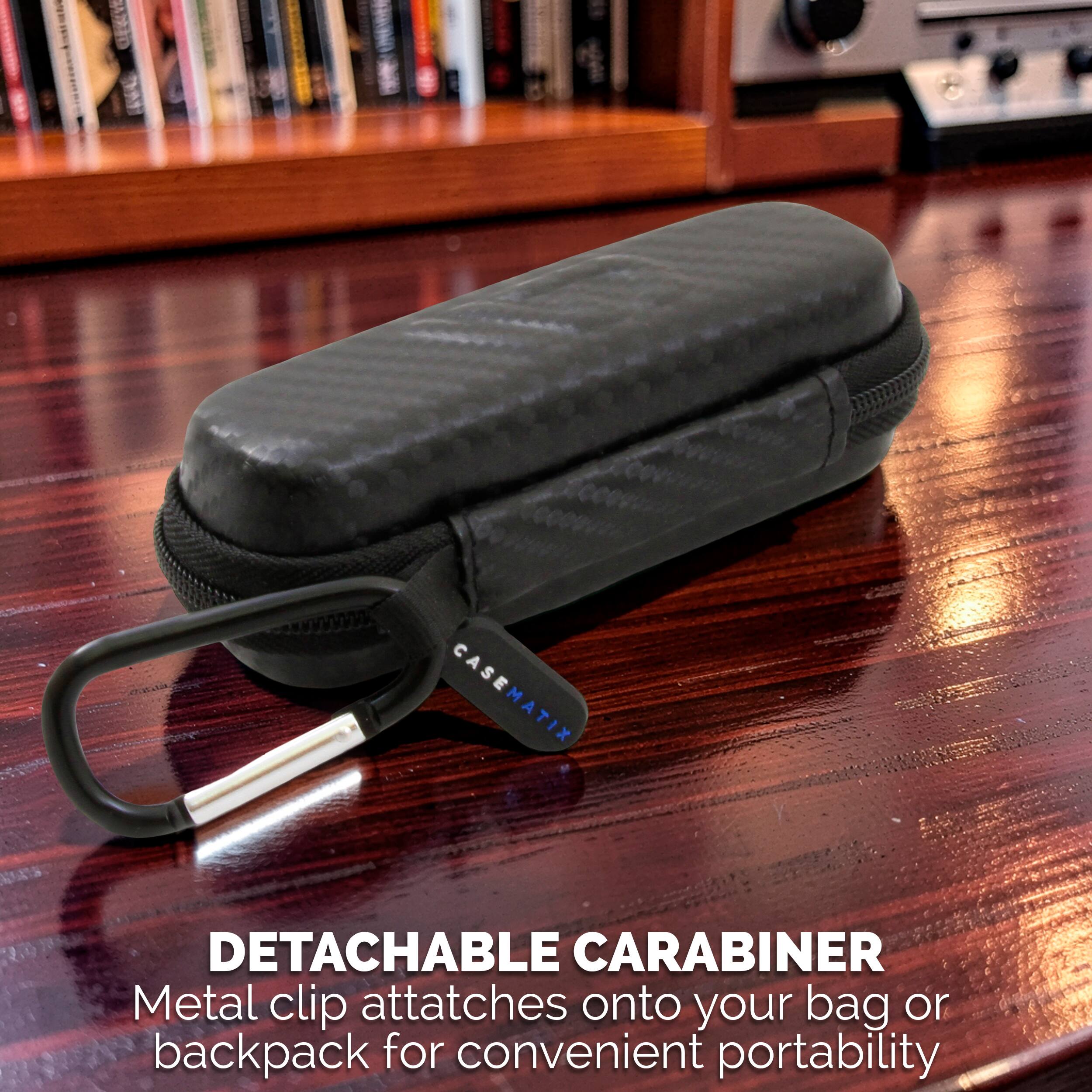 CASEMATIX  
DETACHABLE CARABINER  
Metal clip attaches onto your bag or backpack for convenient portability