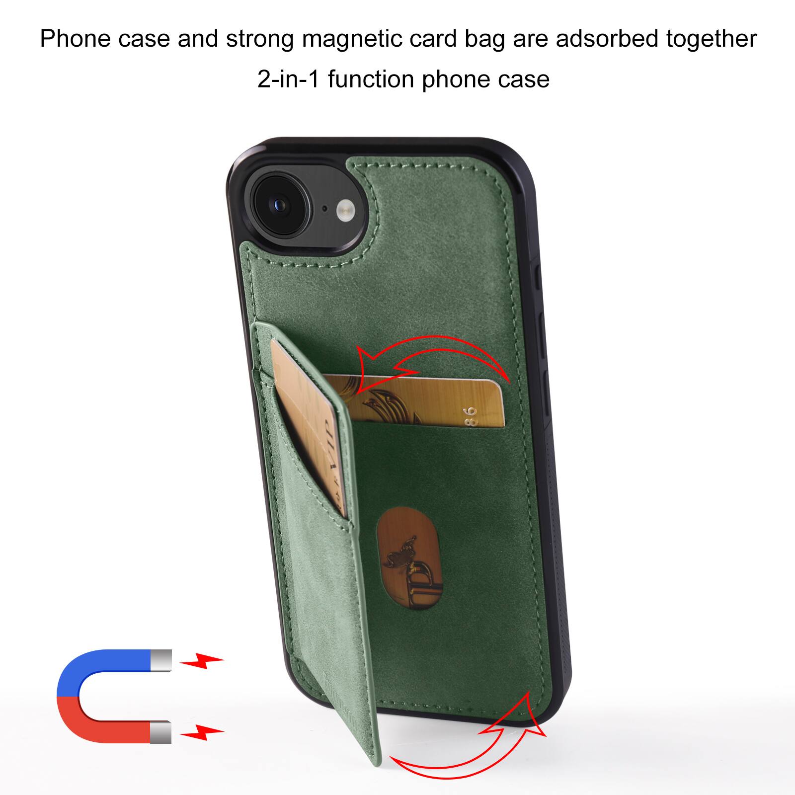 Phone case and strong magnetic card bag are adsorbed together  
2-in-1 function phone case
