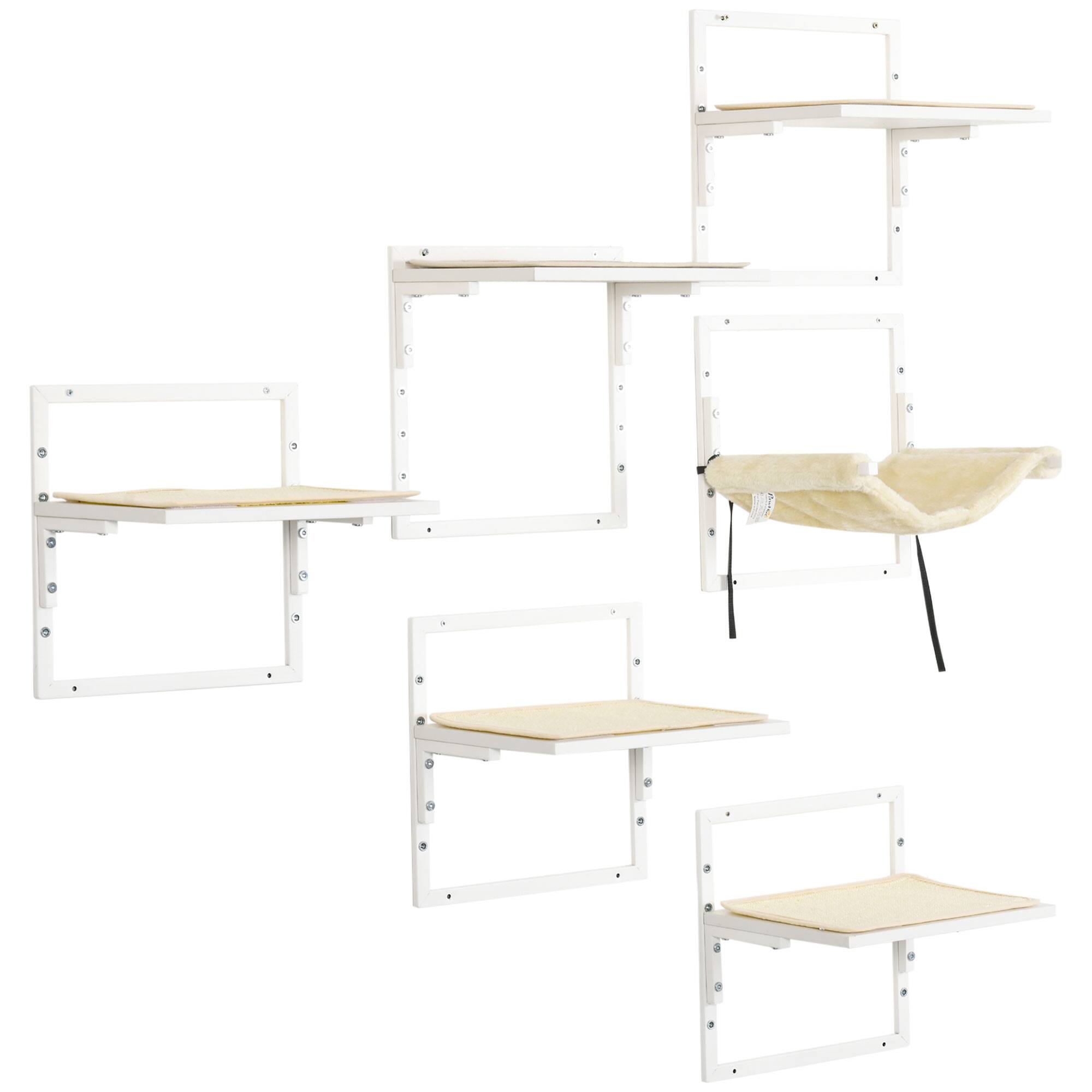 Alt View 6. Siljoy - 6-Piece Modern Cat Wall Shelves Set with Hammock, Cream Colored Height-Adjustable Jumping Platforms & Perches.