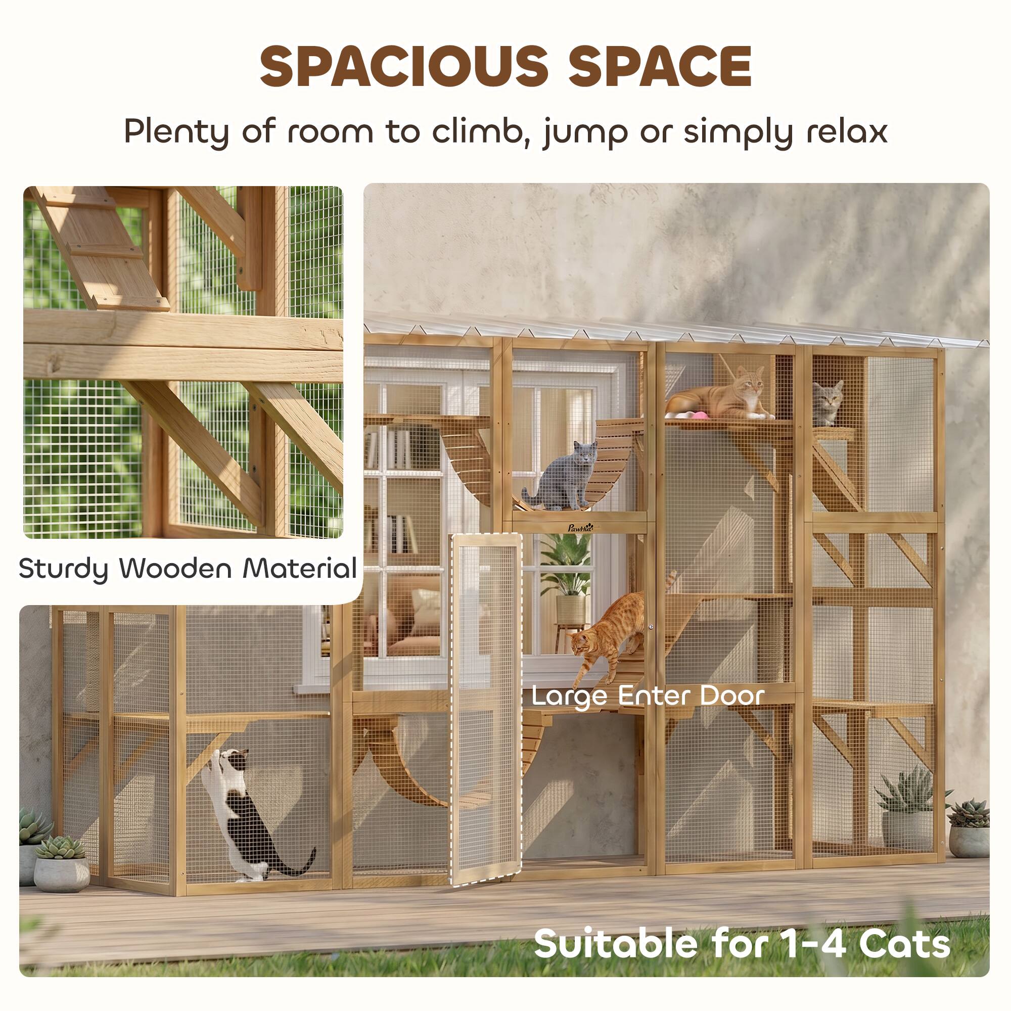 SPACIOUS SPACE  
Plenty of room to climb, jump or simply relax  

Sturdy Wooden Material  

Large Enter Door  

Suitable for 1-4 Cats