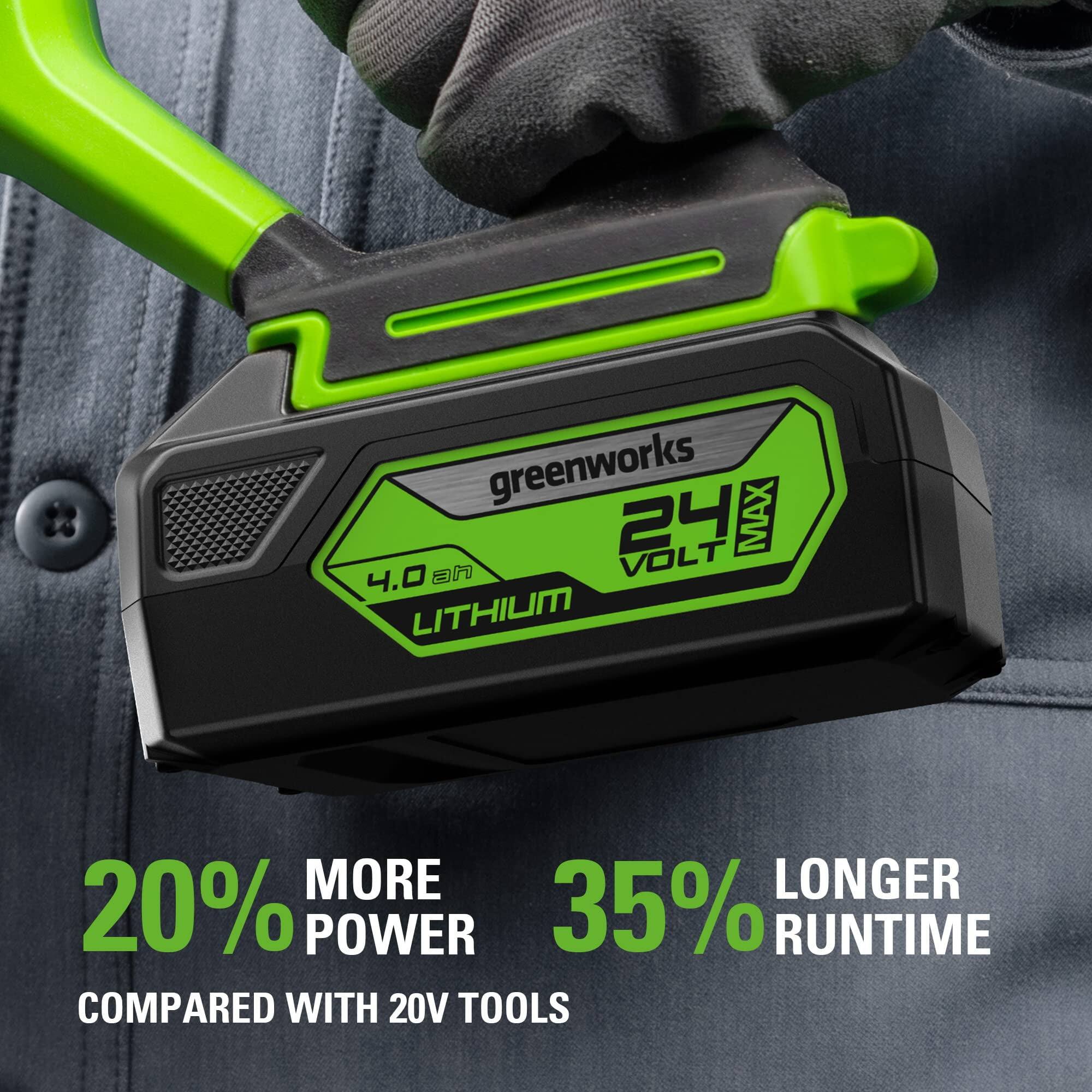Greenworks 24V MAX 4.0 Ah Lithium  
20% More Power Compared with 20V Tools  
35% Longer Runtime