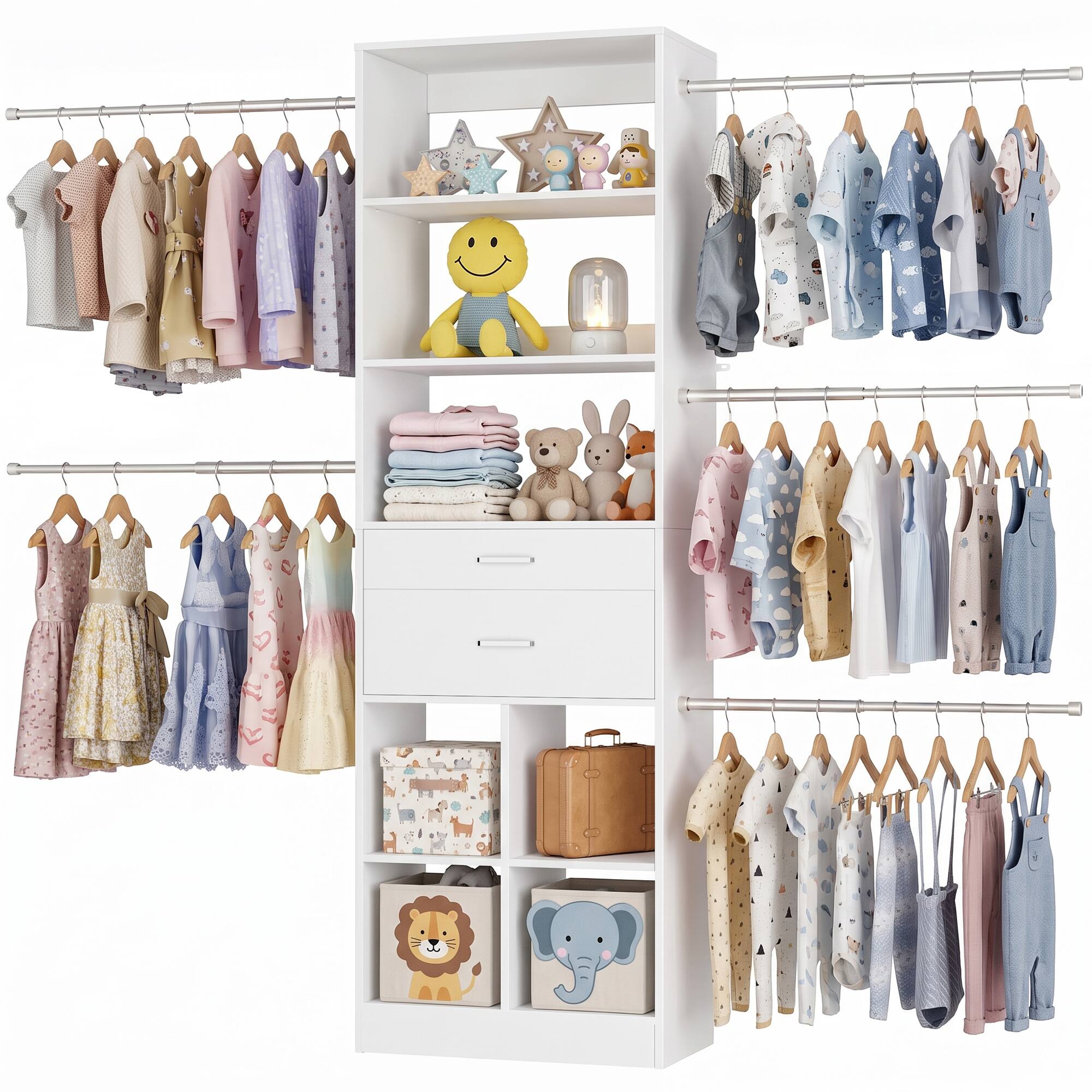 Angle. Aheaplus - Small Closet System, 3.2-6.8FT Adjustable Closet Organizer with 2 Drawers & 5 Hanging Rods - White.