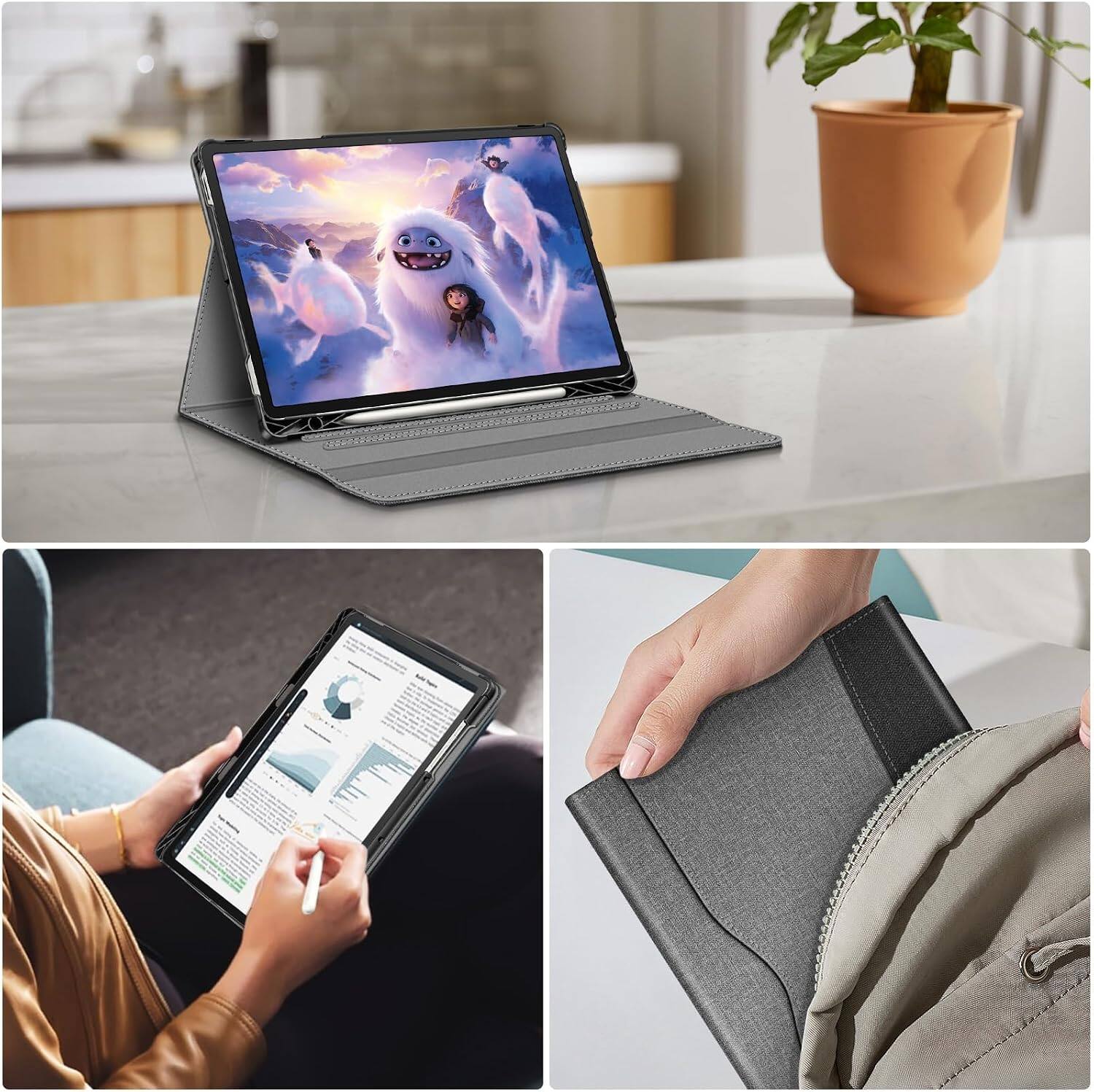 Alt View 3. Fintie - Portfolio Case for Samsung Galaxy Tab S10 Lite/ Tab S10 FE/ Tab S9 FE/ Tab S9, Multiple Angle Business Cover with Pocket - Gray.
