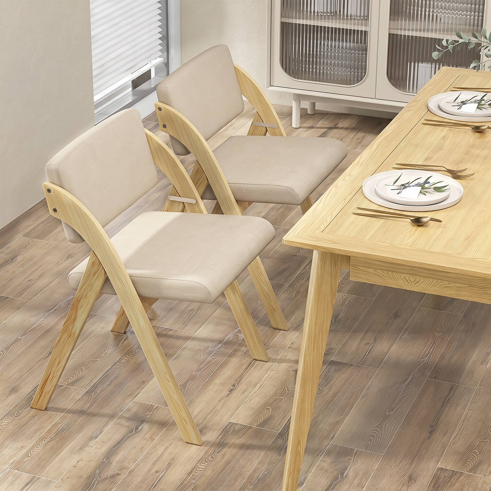 Alt View 1. Gymax - Gymax Set of 2 Dining Chairs Folding Kitchen Chair w/ Rubber Wood Legs Padded Seat Natural & Beige - Natural, Beige.