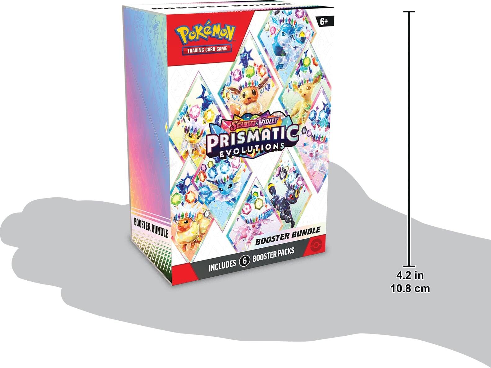 Pokemon Trading Card Game Prismatic Evolutions Booster Bundle includes 6 booster packs and measures 4.2 inches by 10.8 cm.