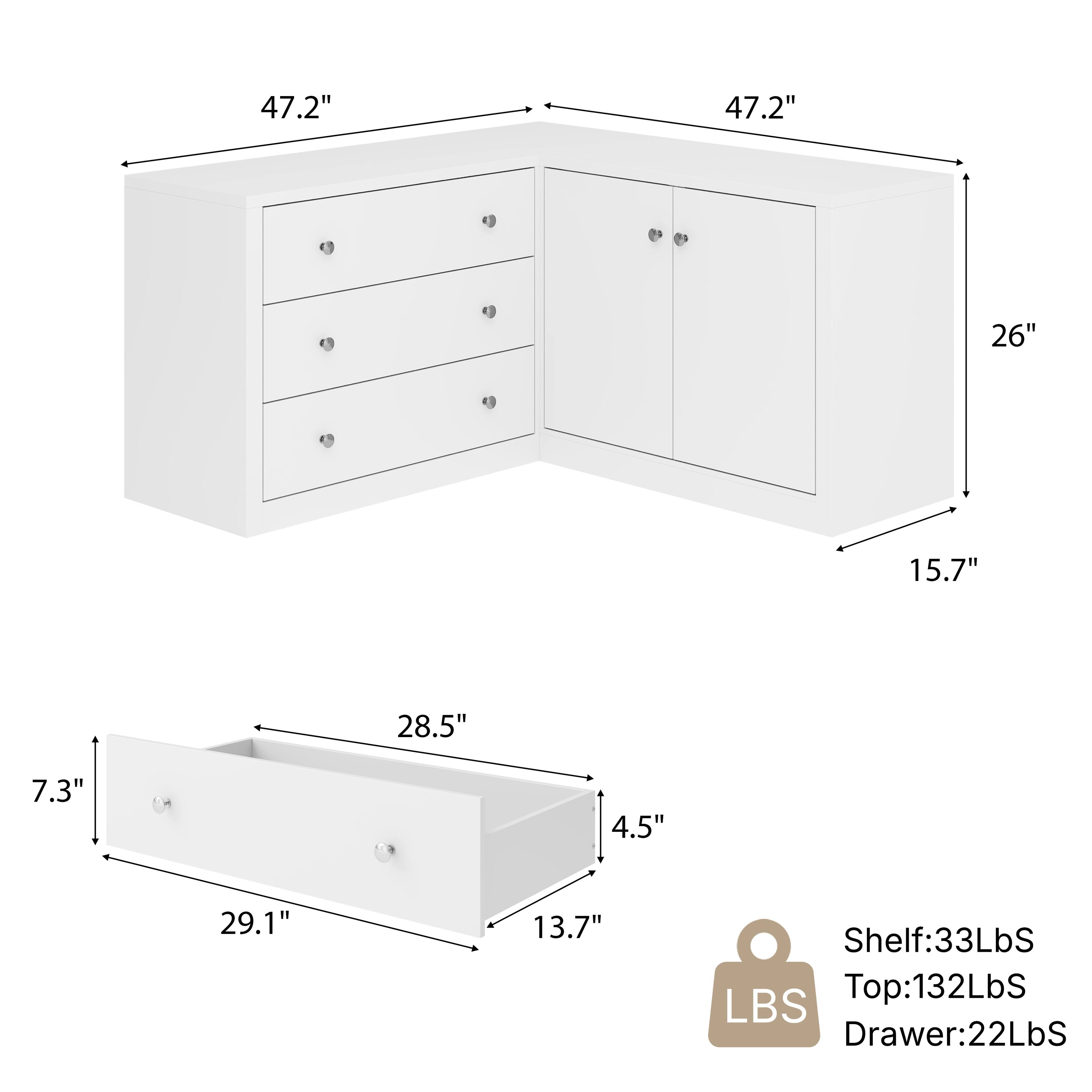 47.2"  
47.2"  
26"  
15.7"  
28.5"  
7.3"  
4.5"  
29.1"  
13.7"  

Shelf: 33 lbs  
Top: 132 lbs  
Drawer: 22 lbs