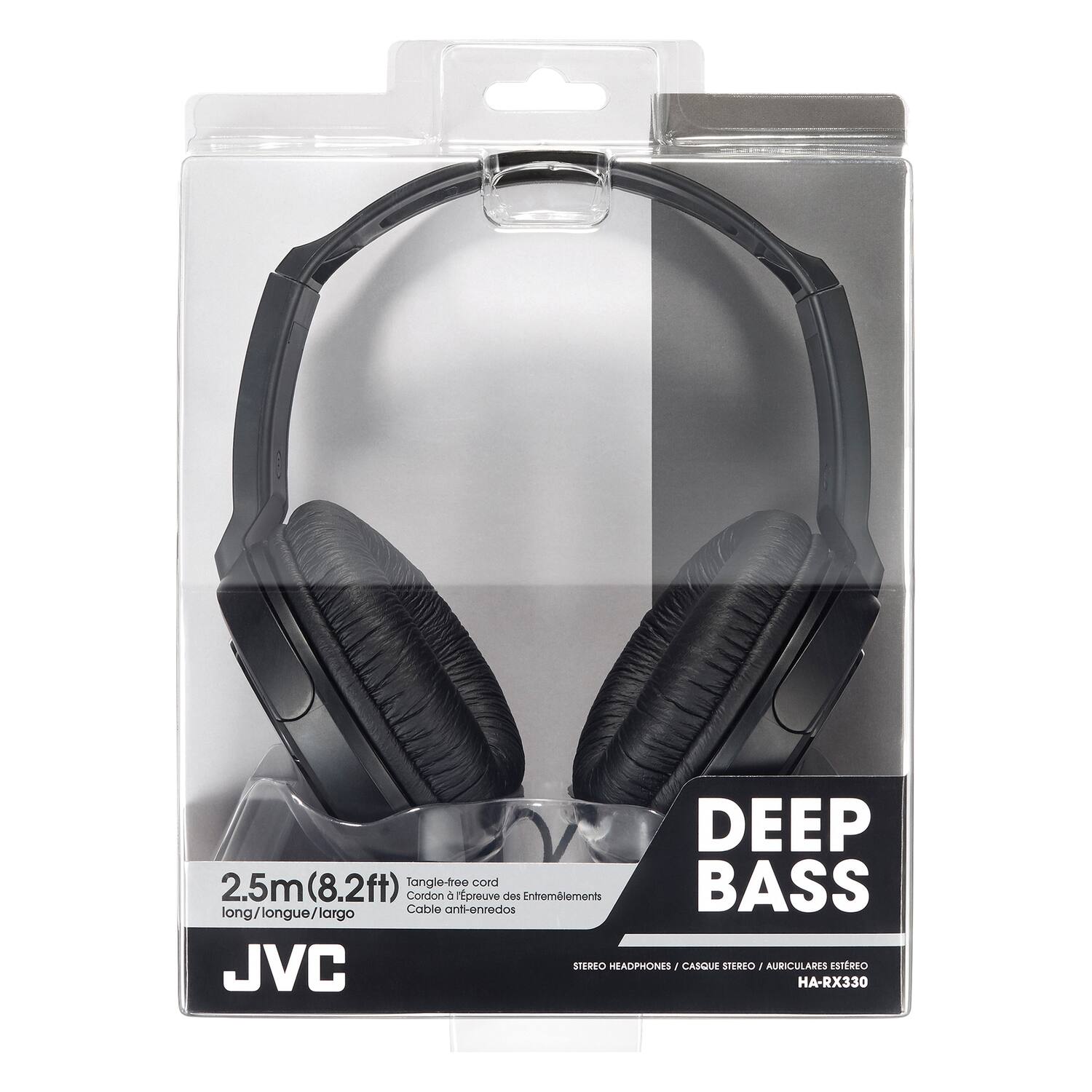DEEP BASS

2.5m (8.2ft) Tangle-free cord  
long/longue/largo  
Cordon anti-enredos  
Cable anti-enredos  
Cordon à têpreuve des Entremêlements

JVC  
STEREO HEADPHONES / CASQUE STEREO / AURICULARES ESTEREO  
HA-RX330
