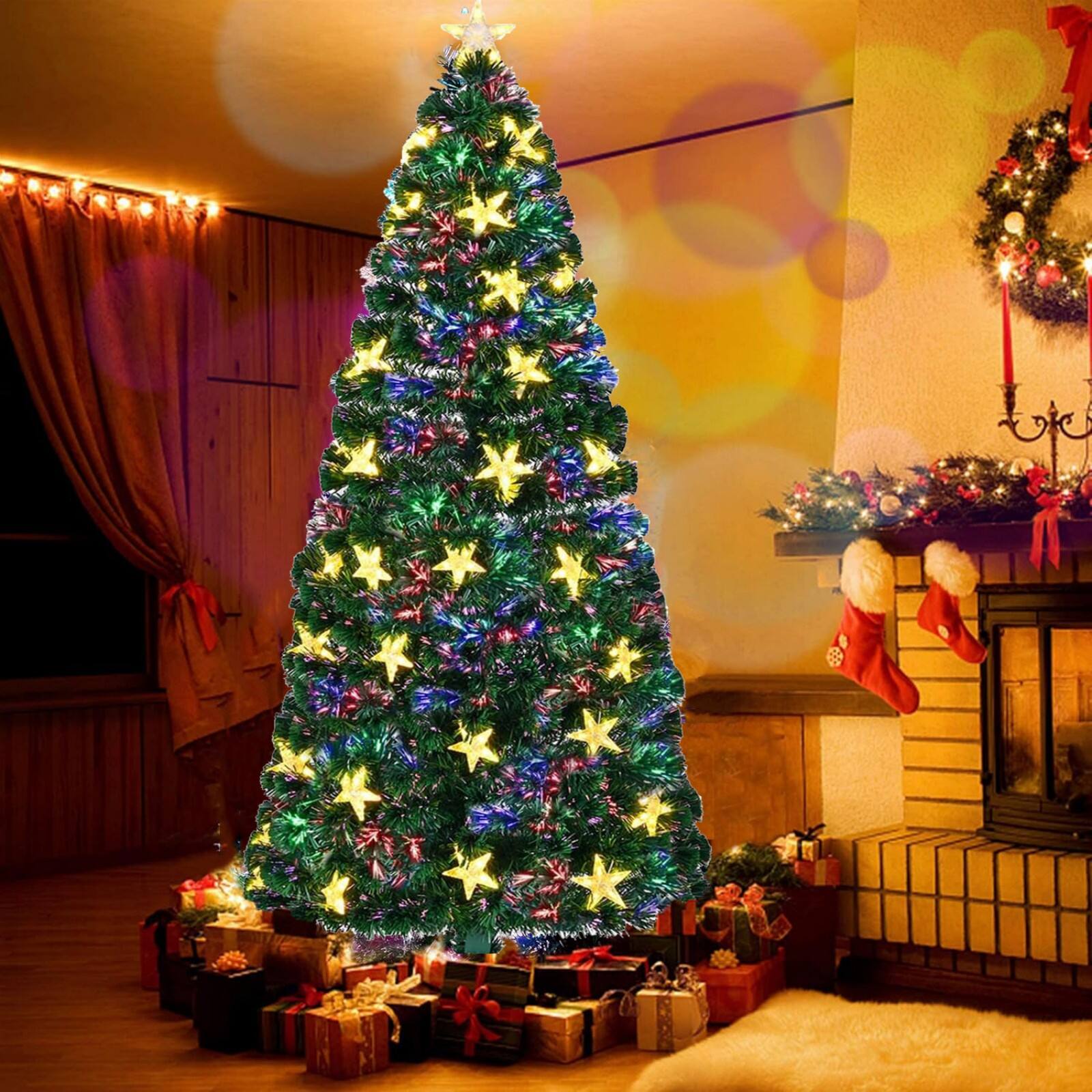 Alt View 9. Ecooso - 6FT Pre-lit Fiber Optic Christmas Tree with Large Stars, Spruce Tree Color Changing Optical Fiber Lights, Metal Stand - Green.