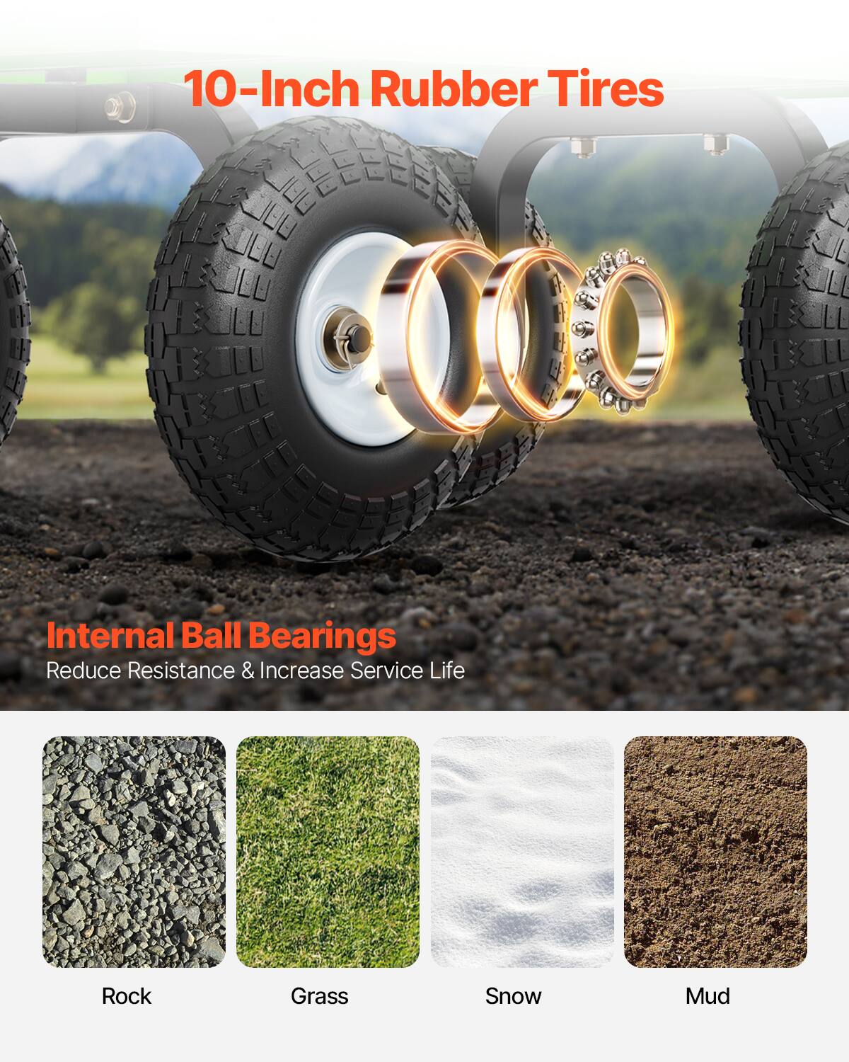 10-Inch Rubber Tires, Internal Ball Bearings, Reduce Resistance & Increase Service Life, Rock, Grass, Snow, Mud