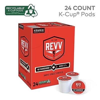 RECYCLABLE K-CUP® PODS  
24 COUNT  
KEURIG® REVV  
EST. 2018  
REVV STRONG COFFEE  
NO SURRENDER ROAST COFFEE  
DARK ROAST  
24 COUNT  
RECYCLABLE