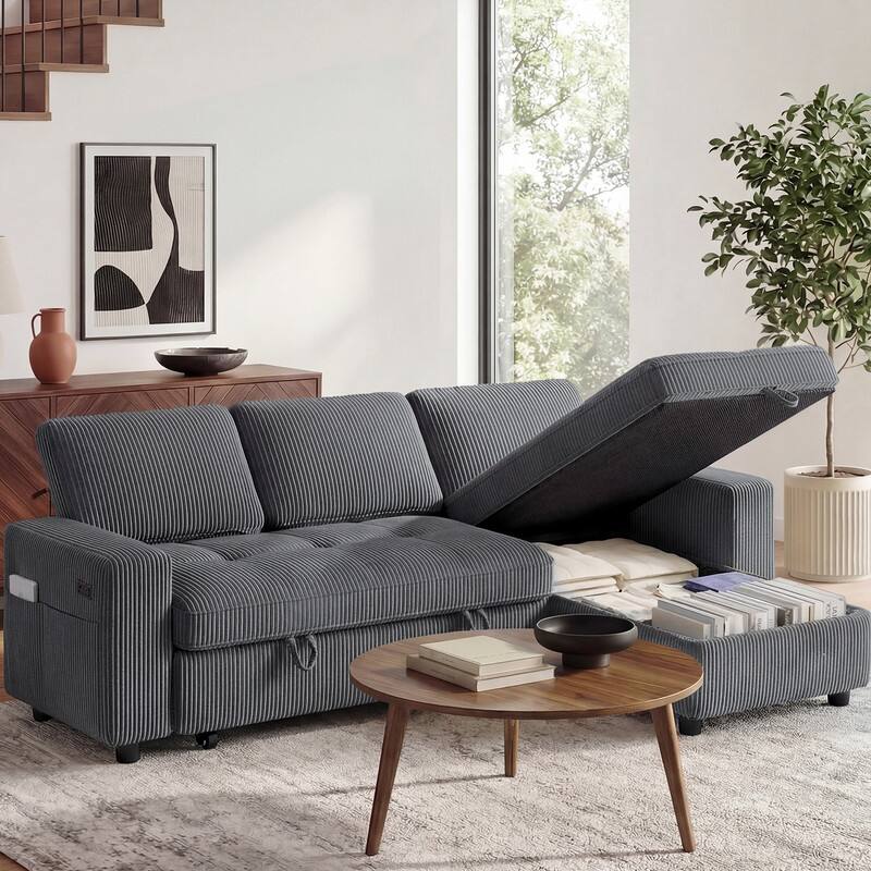 Alt View 1. Dyonery - Dyonery 81" Sleeper Sofa, Convertible Sofa Bed with Storage, Sectional Couch L Shaped 3 Seat Sectional Sleeper Sofa - Gray.