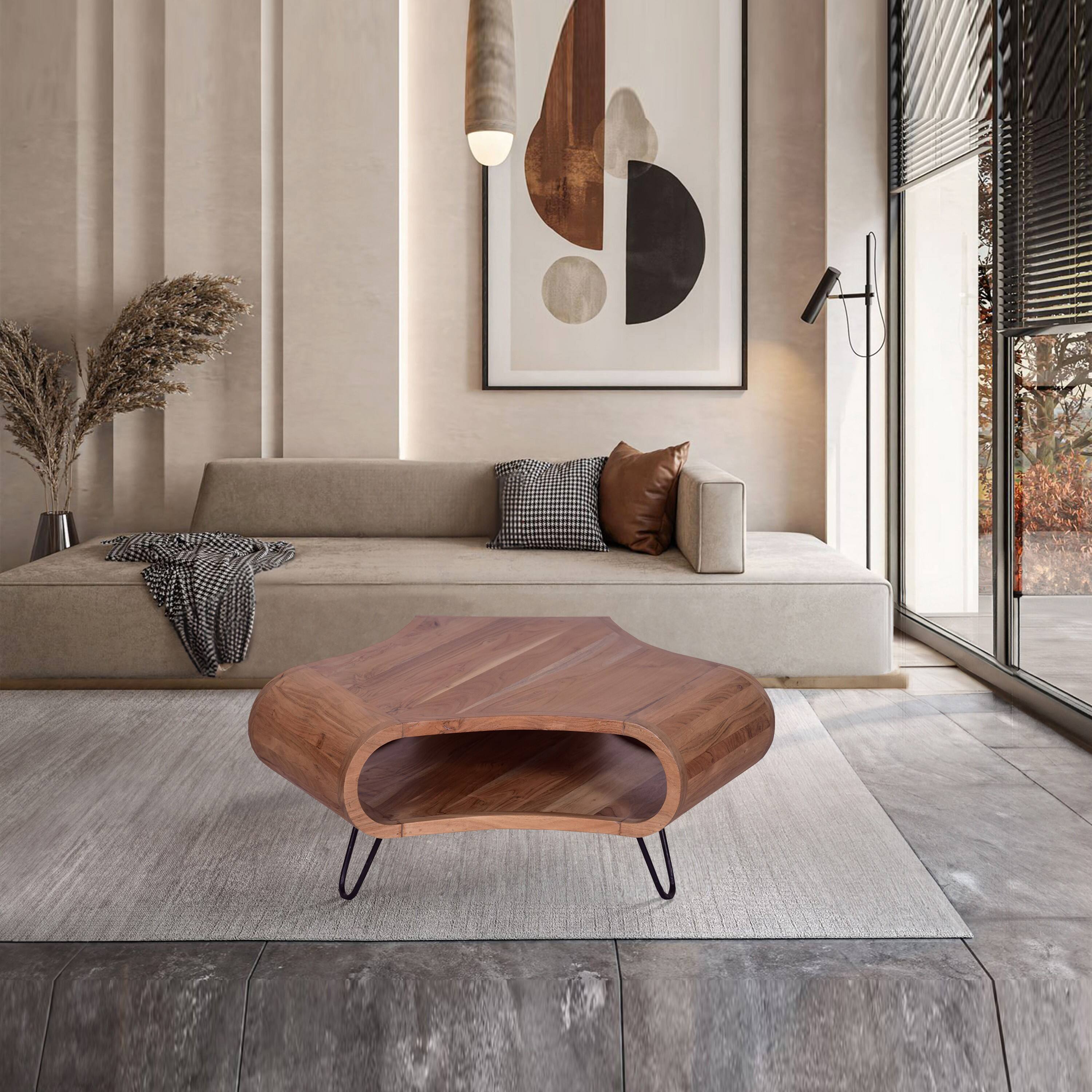 Alt View 7. Manhattan Lane - 37 Inch Coffee Table, Handcrafted Curved Hexagon Shape with Open Shelf, Natural Brown Acacia Wood, Iron Legs - Brown, Black.