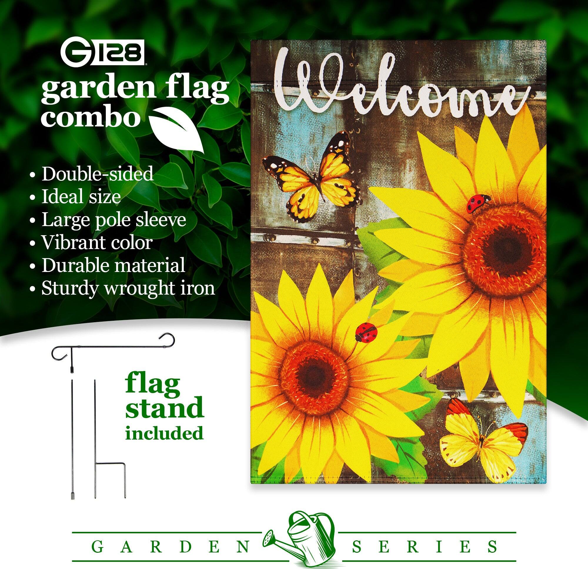 GI28 garden flag combo

- Double-sided
- Ideal size
- Large pole sleeve
- Vibrant color
- Durable material
- Sturdy wrought iron flag stand included

GARDEN SERIES