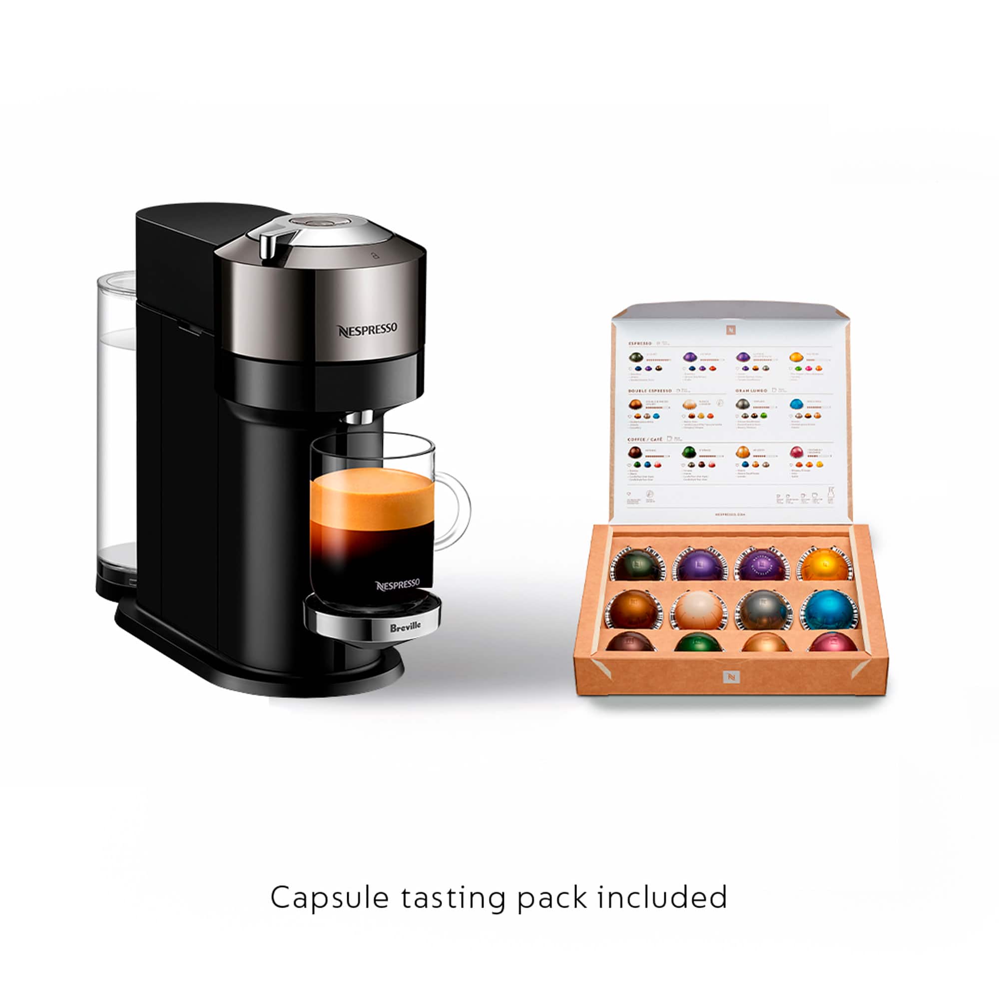 Nespresso is a brand of coffee and espresso machines that are known for their high-quality coffee and espresso. The image shows a Nespresso machine with a cup of coffee in it, and a box of chocolate balls next to it. The box of chocolate balls is included in the Nespresso capsule tasting pack, which offers a variety of flavors and textures for customers to enjoy.