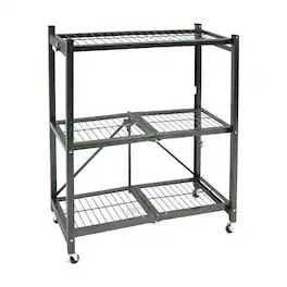 Origami - R3 General Purpose Foldable 3-Tiered Shelf Storage Rack & Wheels - Pewter